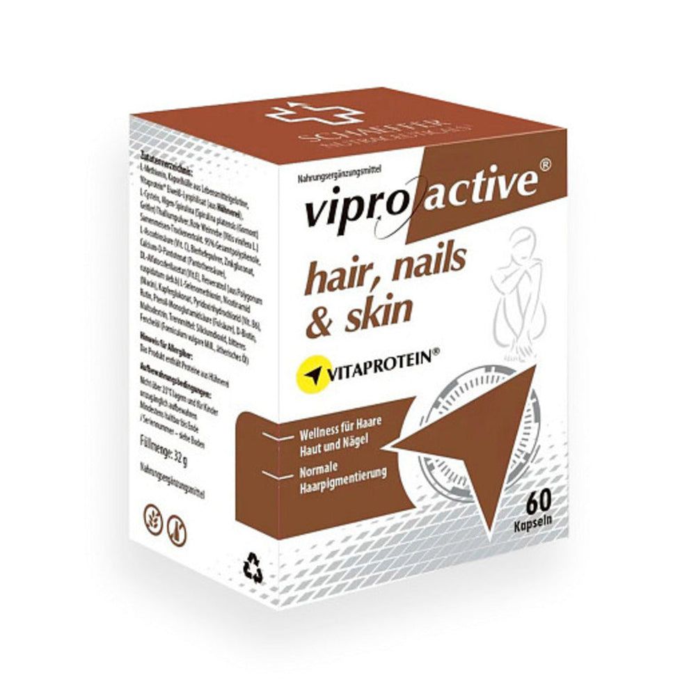 Viproactive® Hair, Nails & Skin-Packung. Braune Schachtel mit 60 Kapseln. Produktabbildung.