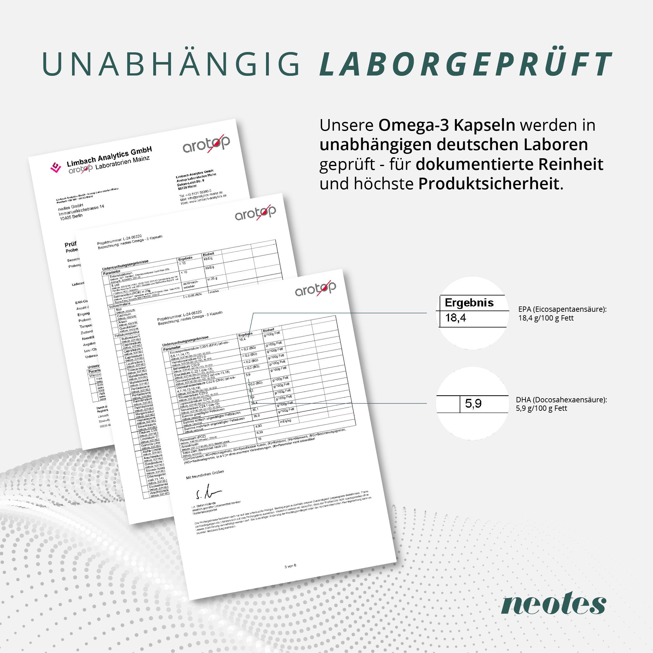 Drei Laborberichte. Text: Unabhängig laborgeprüft. Ergebnisse: EPA und DHA. Marke: neotes.