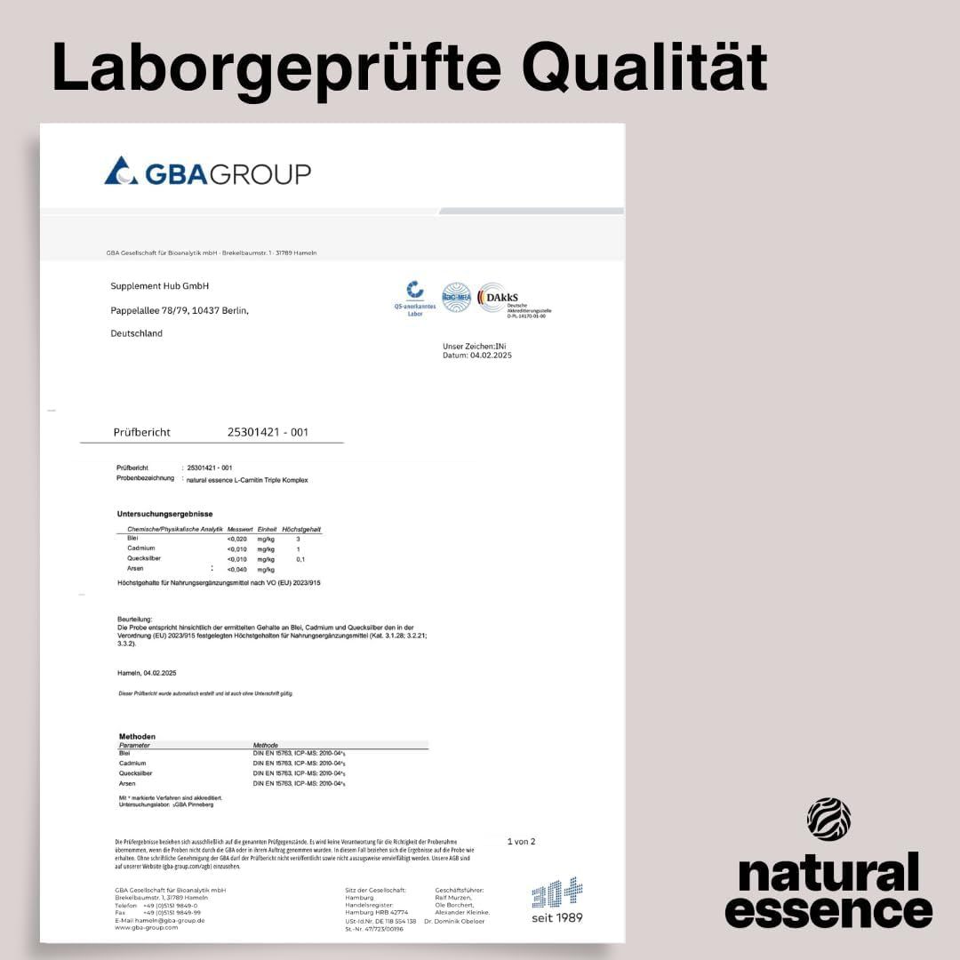 Laborbericht der GBA Group. Text: Supplemente Pro GmbH, L-Carnitin Kapseln. Logo: Natural Essence.