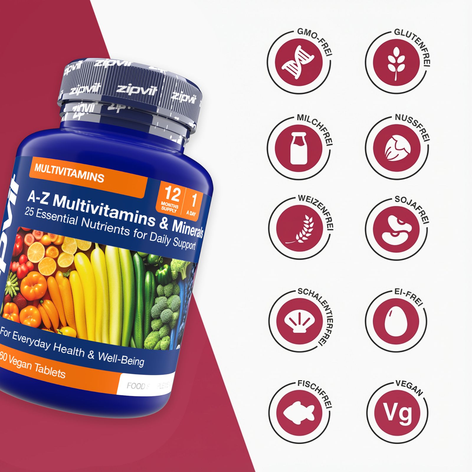 Blaue Flasche Zipvit A-Z Multivitamin. Runde Logos: GMO-frei, glutenfrei, milchfrei, nussfrei, weizenfrei, sojafrei, schalenfruchfrei, ei-frei, fischfrei, vegan.