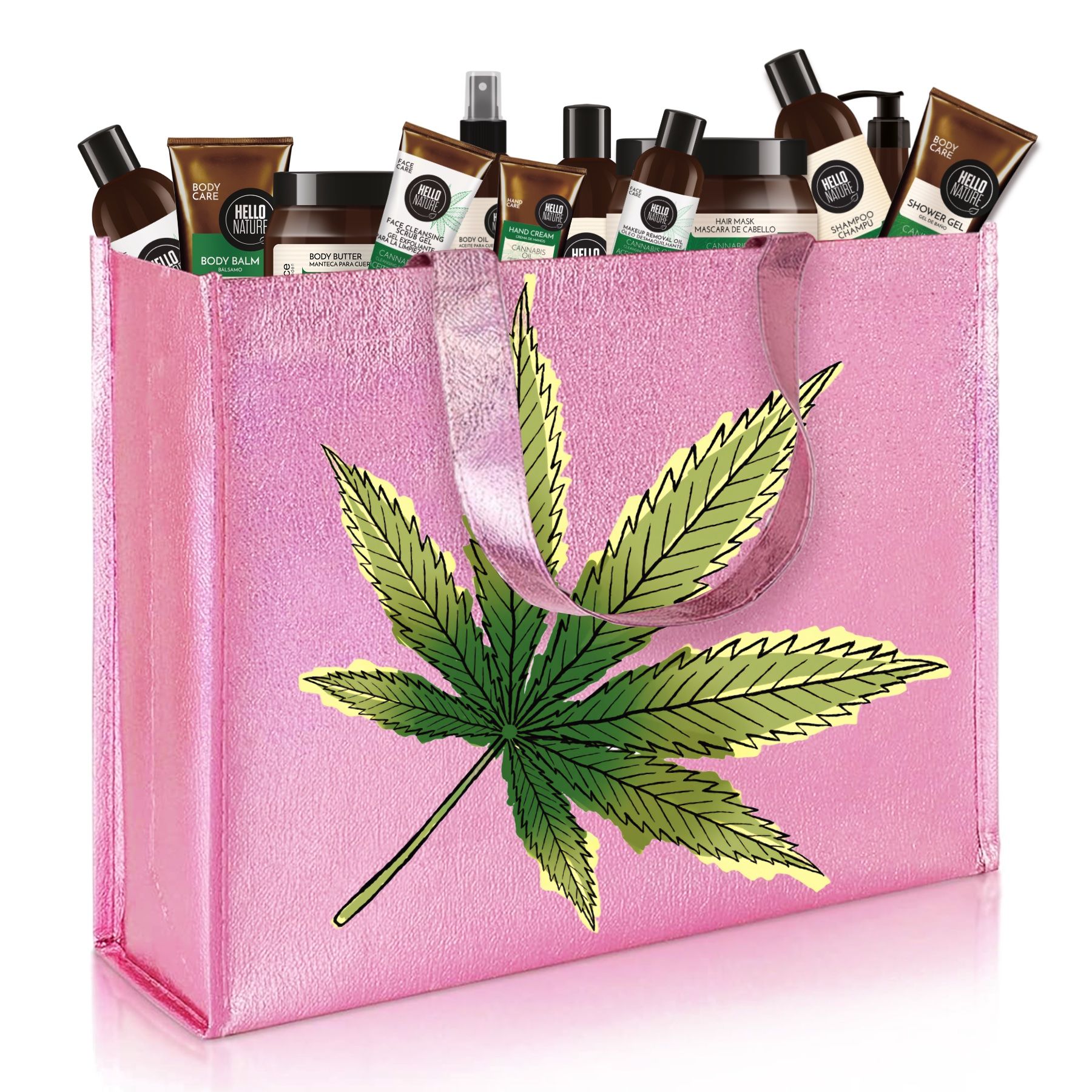 Pinke Einkaufstasche mit Produkten. Cannabis-Blatt. Hello Nature. Produkte: Duschgel, Body Balm, Shampoo, etc.