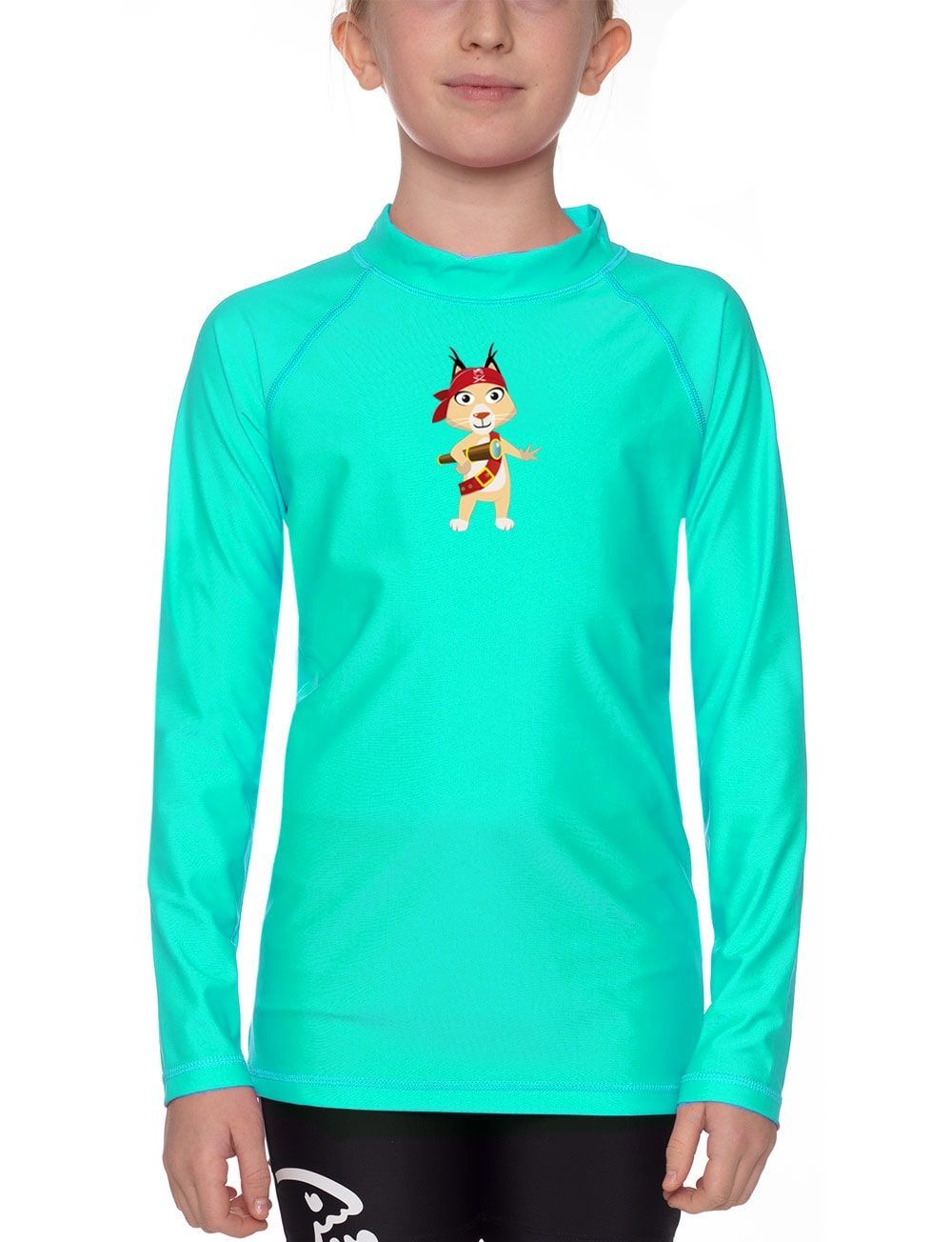 Kind trägt türkisfarbenes Langarm-Shirt mit Cartoon-Motiv. Das Shirt hat einen hohen Kragen und lange Ärmel.