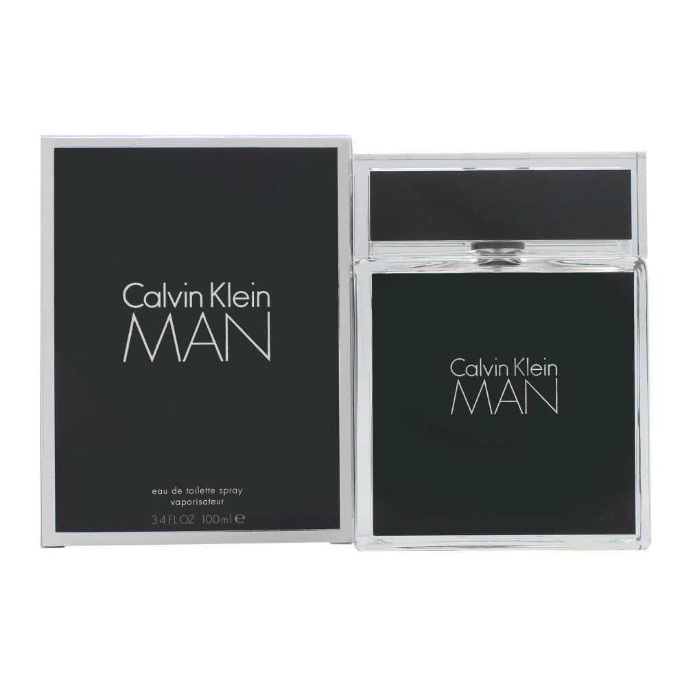 Schwarzer Karton und Flakon. Aufschrift Calvin Klein MAN. Flakon mit silbernem Verschluss.