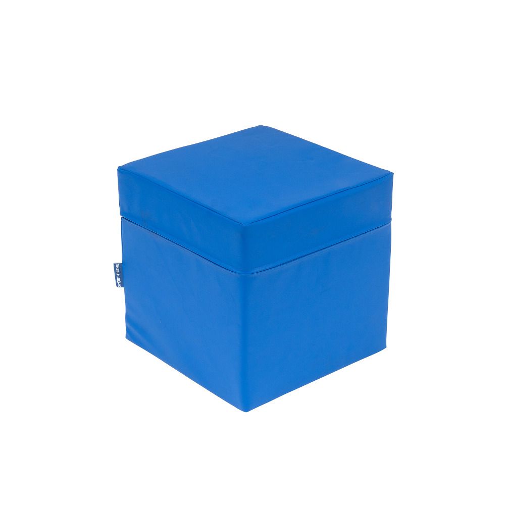 Blauer Turnwürfel. Quadratische Form. Weiches Material. Sport-Thieme Logo an der Seite.