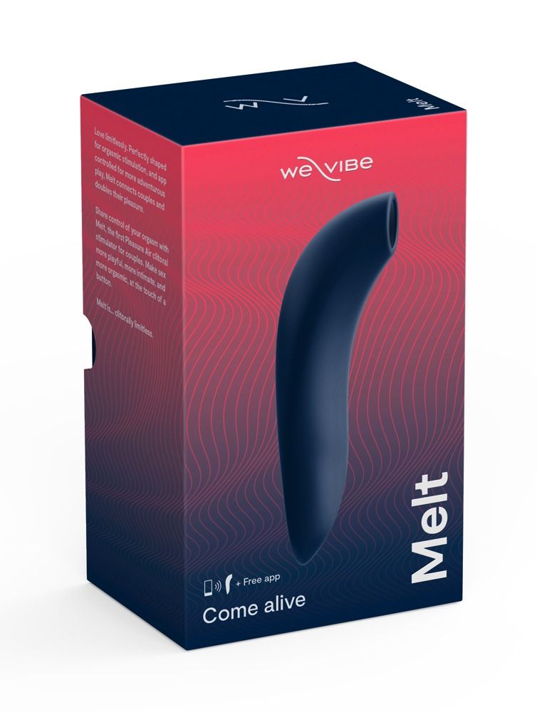 Dunkelblauer Vibrator in Verpackung. Aufschrift: We-Vibe, Melt. Box mit Wellenmuster und Text. App-Symbol und Schriftzug: Come alive.