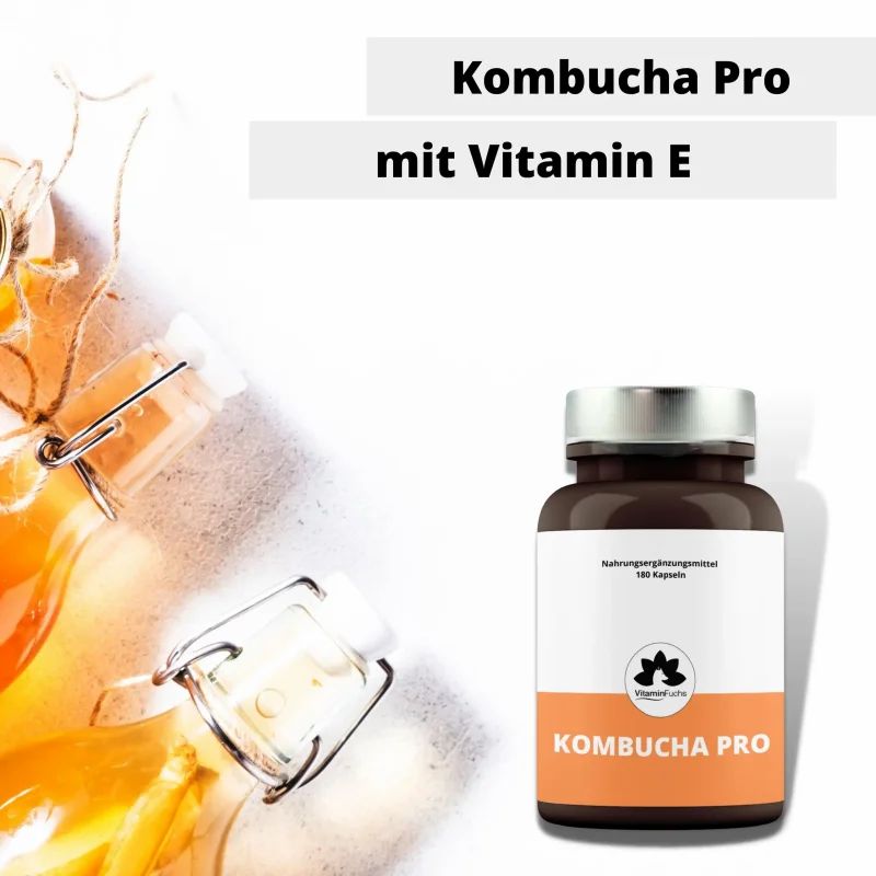 Kombucha Pro Flasche mit Vitamin E. Braune Flasche mit silbernem Deckel. Aufschrift: Kombucha Pro.
