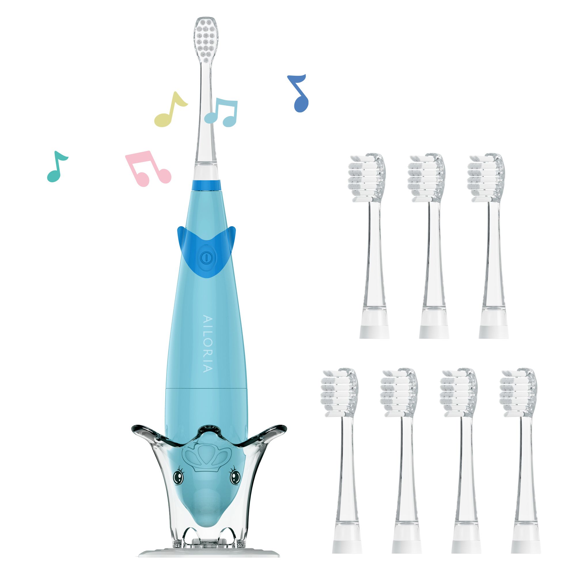 Blaue elektrische Zahnbürste mit Halterung und Ersatzbürsten. Musiknoten-Illustrationen.