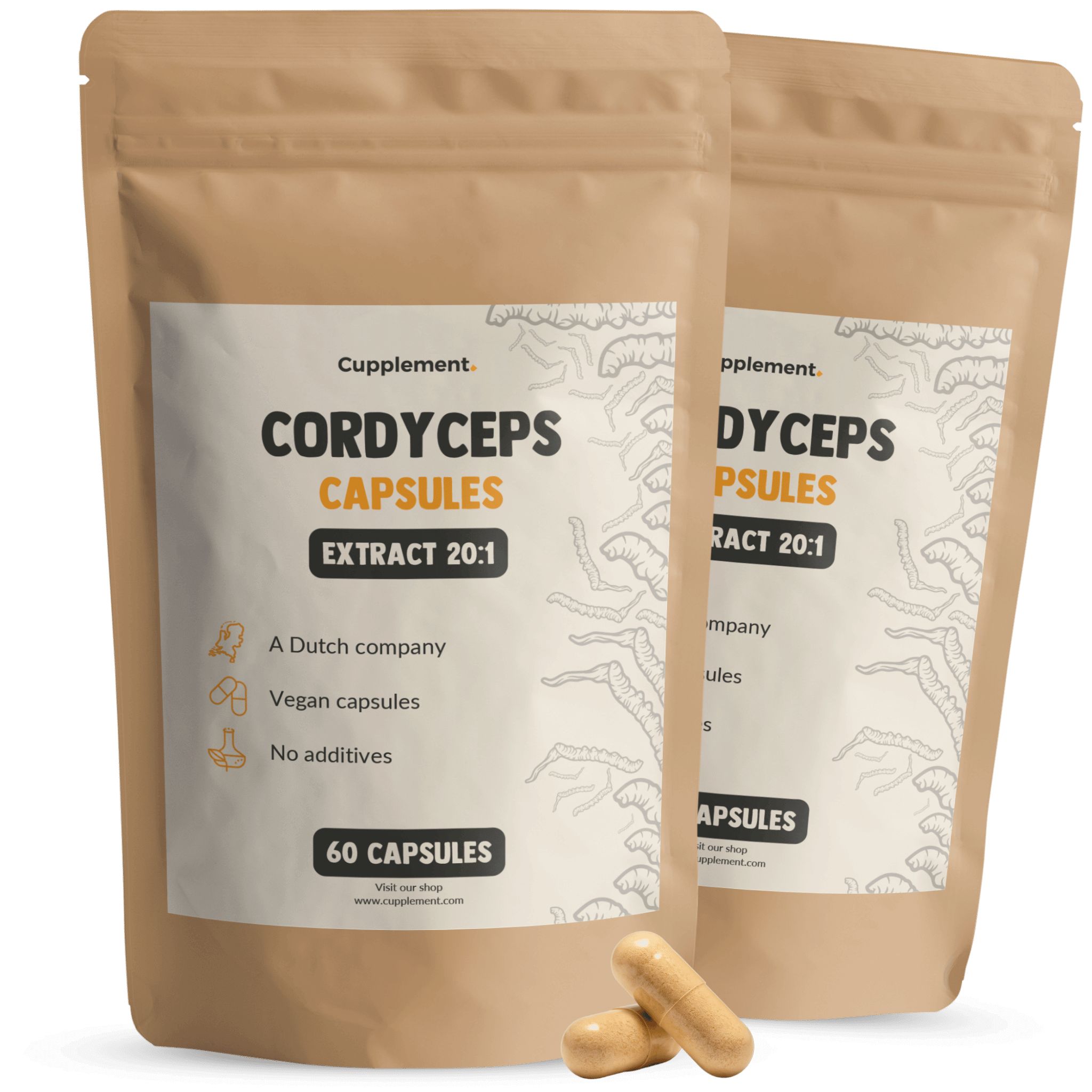 Zwei Beutel Cordyceps-Kapseln. Aufschrift: Cordyceps Capsules Extract 20:1. 60 Kapseln. Vegan.
