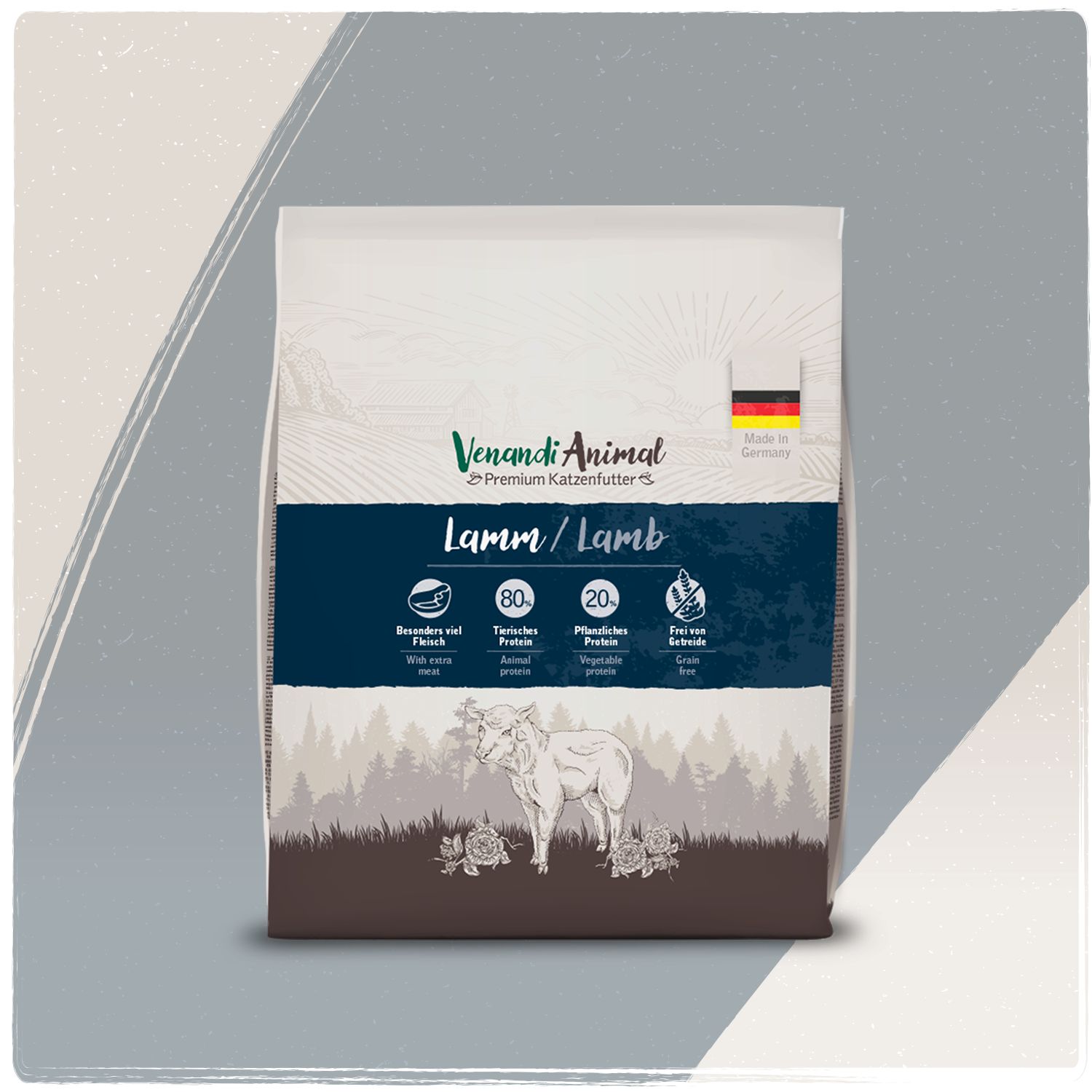 Venandi Animal Lamm / Lamb Premium Katzenfutter Beutel mit Wolf- und Waldmotiv sowie Qualitätsmerkmalen.