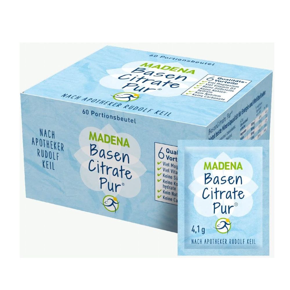 Karton MADENA Basen Citrate Pur mit 60 Portionsbeuteln und ein einzelner Beutel. Aufschrift: Basen Citrate Pur.
