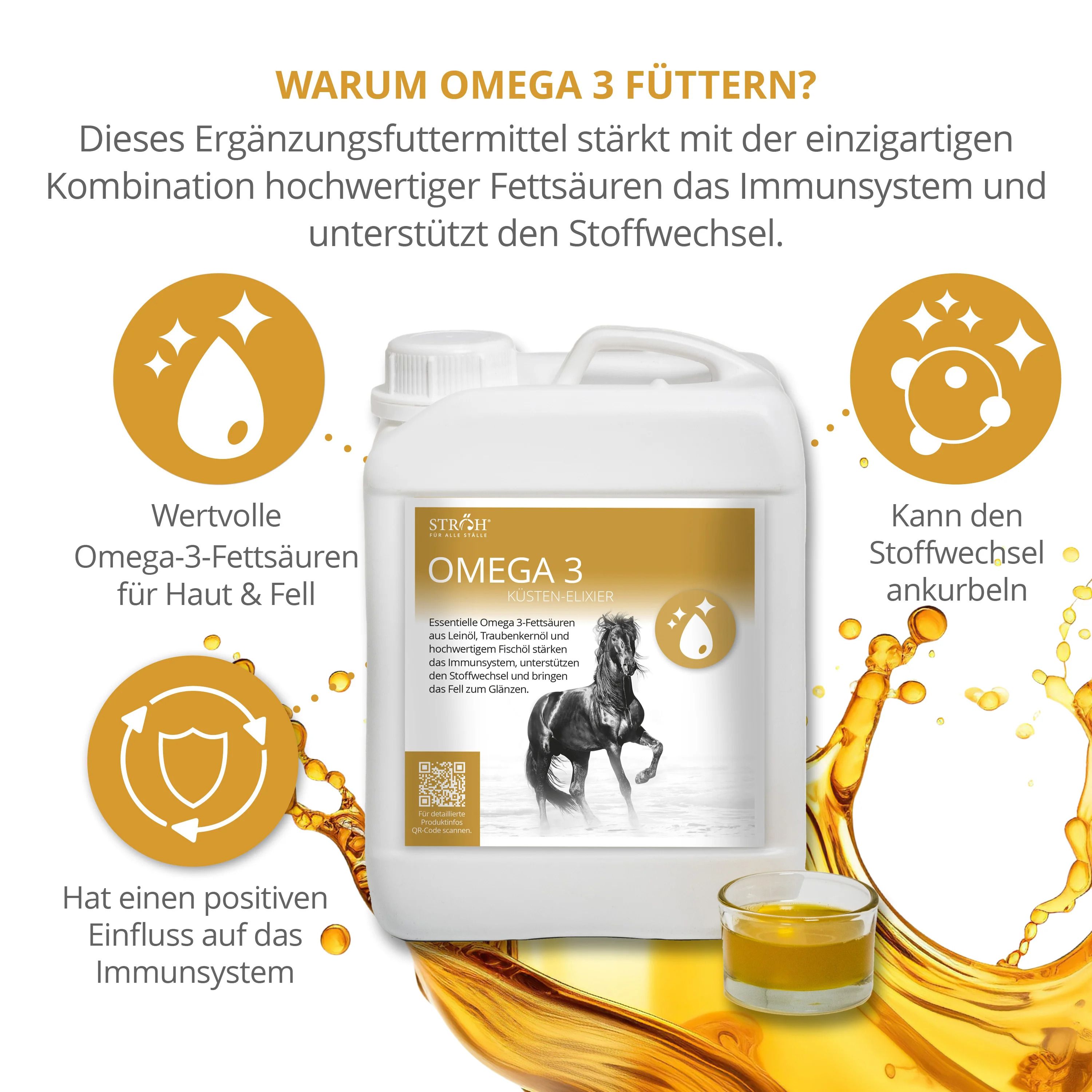 STRÖH Omega 3 Kanister mit Produktinformationen. Neben dem Kanister ein Glas mit Flüssigkeit.