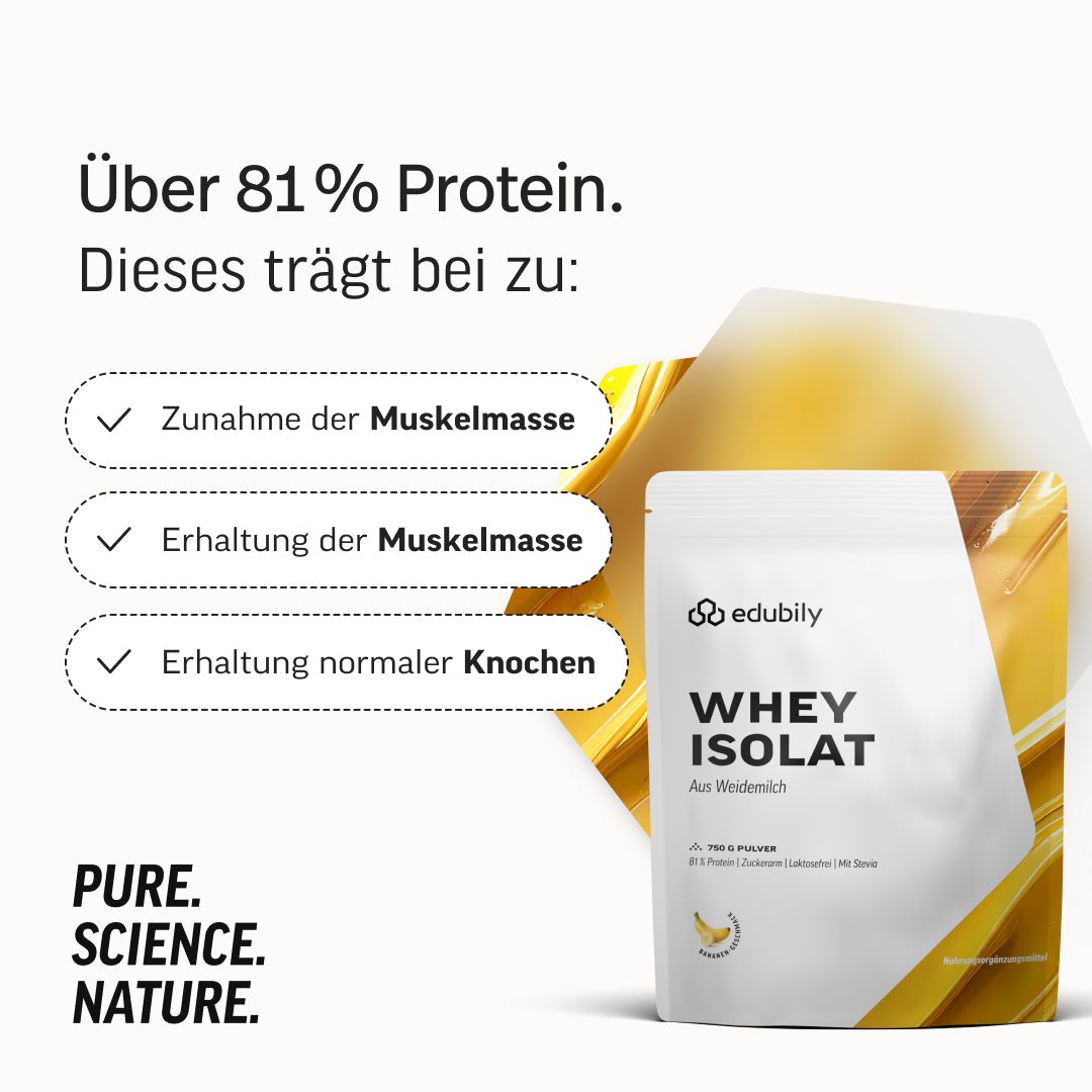 Edubily Whey Isolat Beutel und Liste mit Vorteilen: Zunahme, Erhaltung Muskelmasse, Erhaltung Knochen.