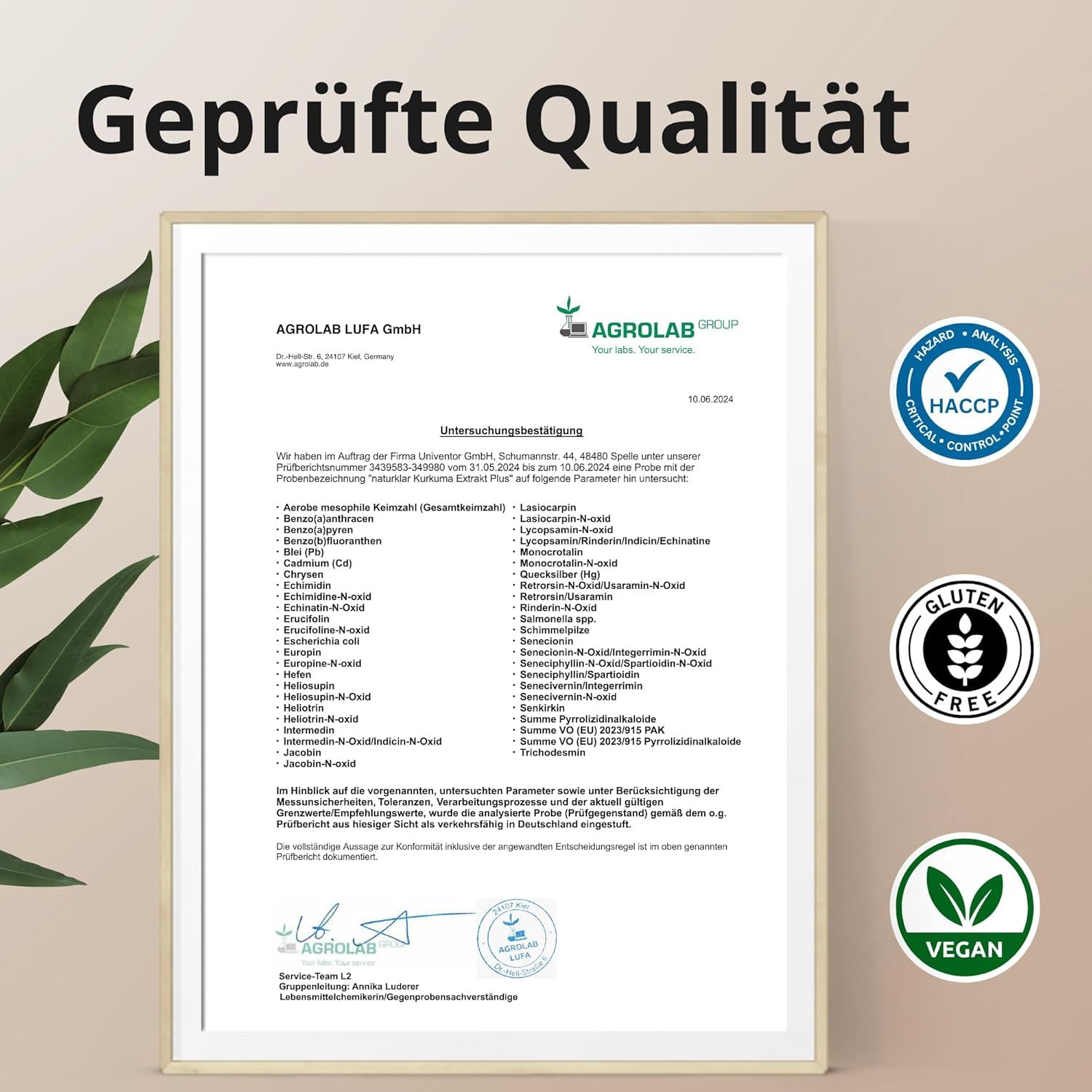 Zertifikat mit Text und Logos. Logos: Agrolab, HACCP, Glutenfrei, Vegan.