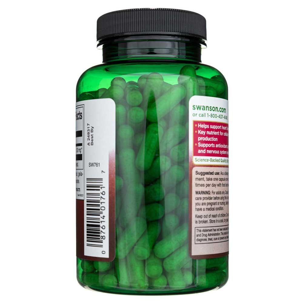 Seitenansicht einer grünen Flasche mit Swanson CoQ10 Kapseln, mit Hinweisen zur Anwendung.