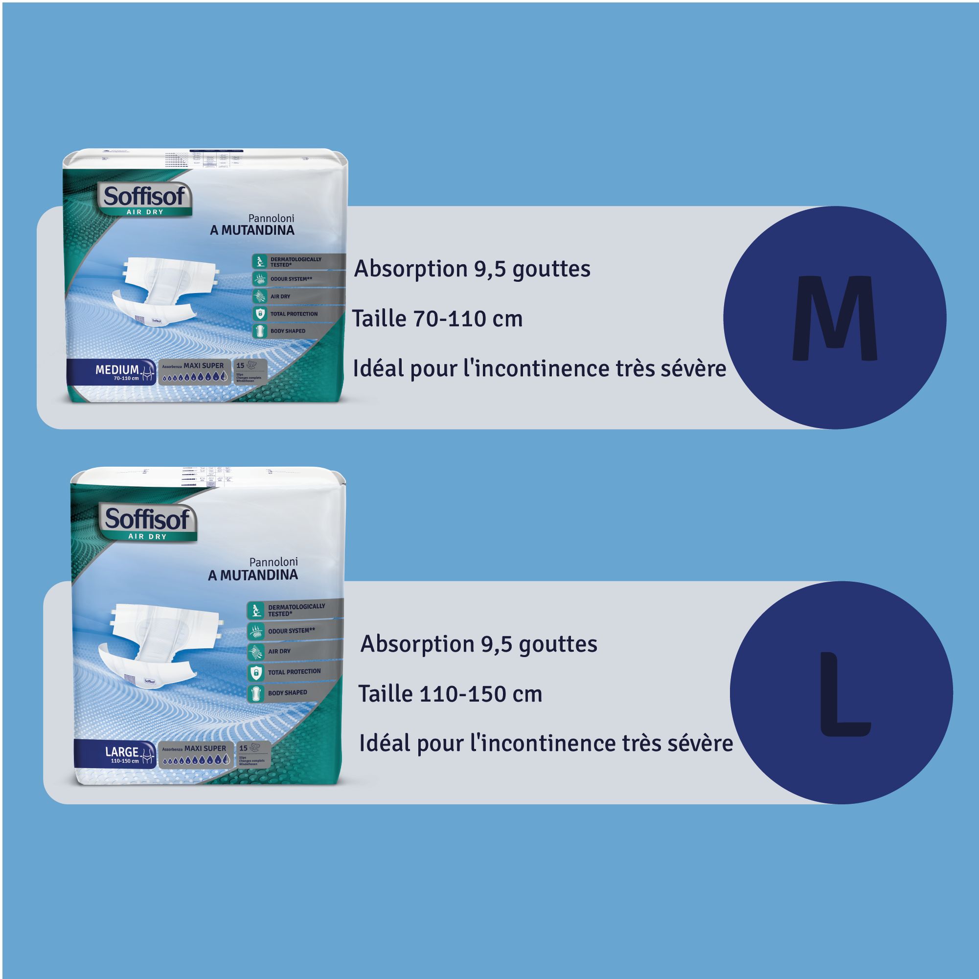 Couches Soffisof Air Dry. Tailles M et L. M : 70-110 cm, 9,5 gouttes d'absorption. L : 110-150 cm, 9,5 gouttes.