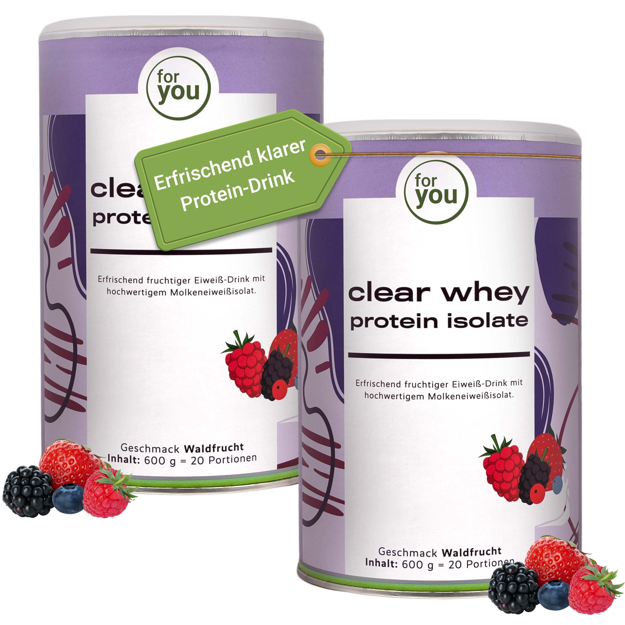 Zwei Dosen Clear Whey Protein Isolate, Geschmack Waldfrüchte, 600g.