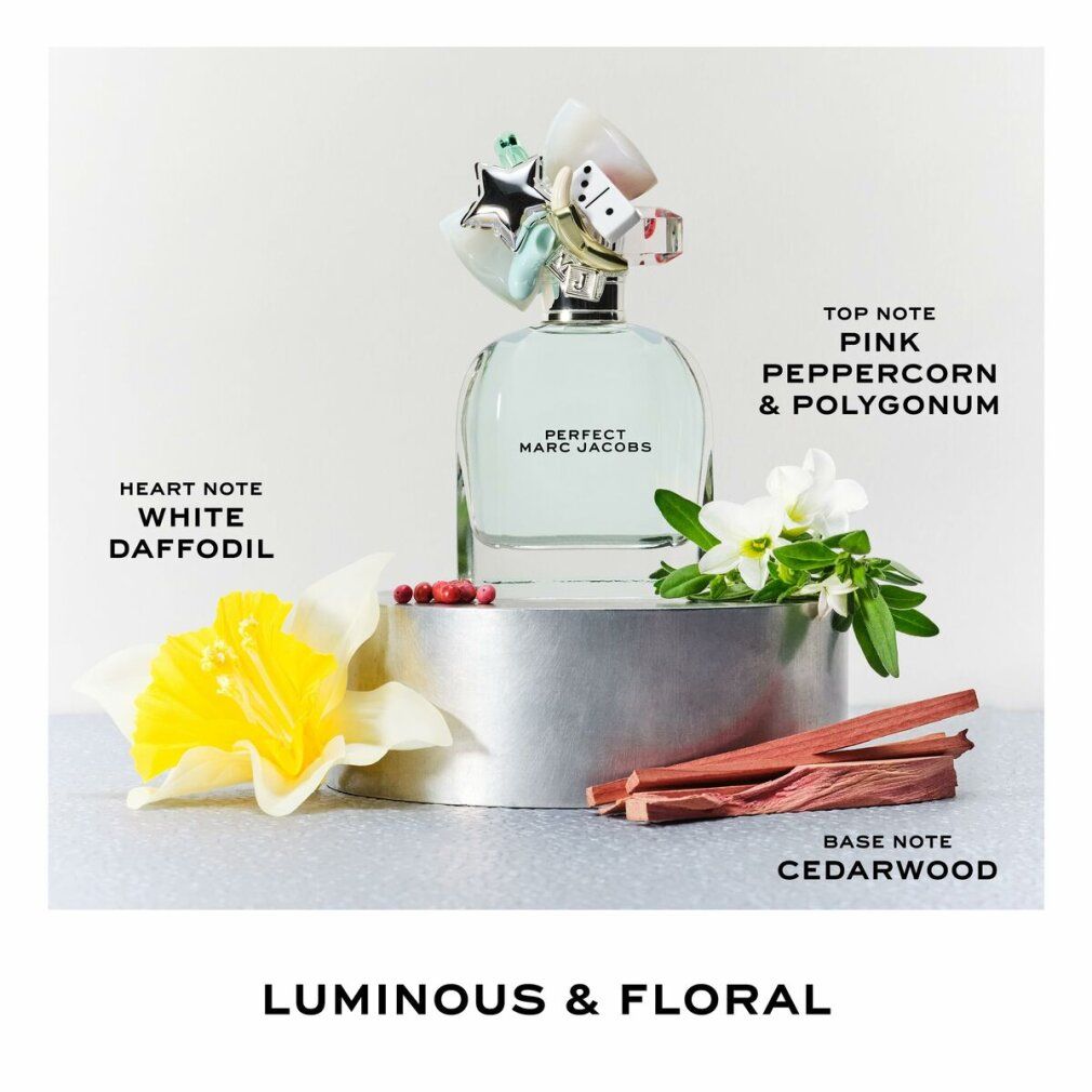Flakon mit Inhaltsstoffen. Aufschrift: PERFECT MARC JACOBS. Blumen, Holz, rosa Beeren.