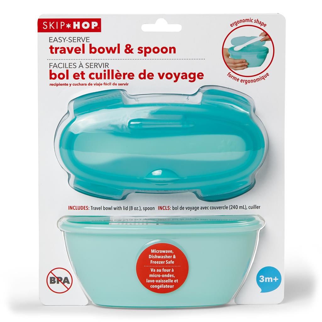 Reisschaal met deksel en lepel. Turquoise. Verpakking met productnaam en logo. Geschikt voor magnetron, vaatwasser en vriezer.