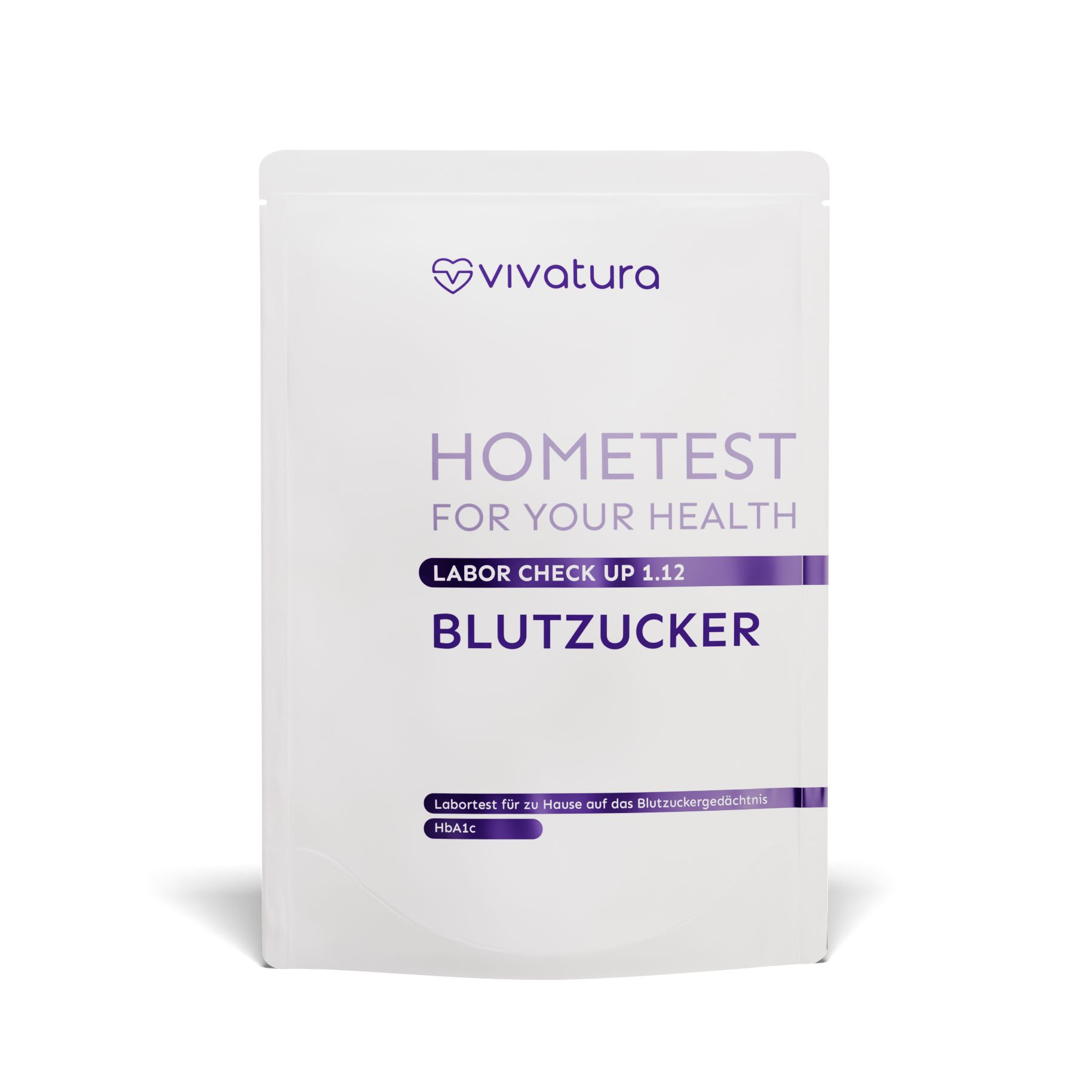 Weißes Testkit mit lila Akzenten. Aufdruck: vivatura, Hometest, Blutzucker. Text: Labor Check Up 1.12.