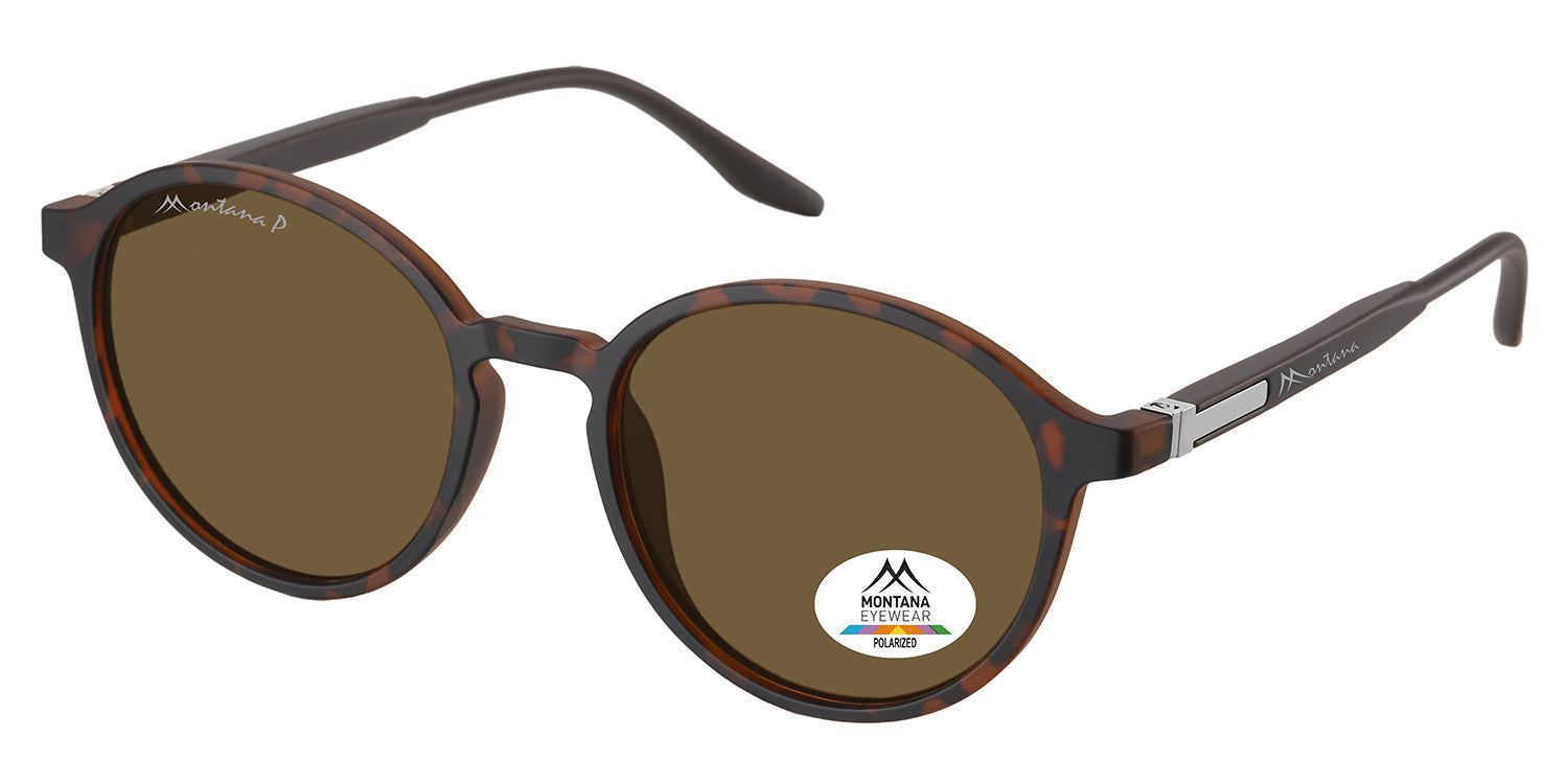 Sonnenbrille mit braunen Gläsern und braun-gemustertem Rahmen. Montana Eyewear Logo auf dem Glas und Bügel.