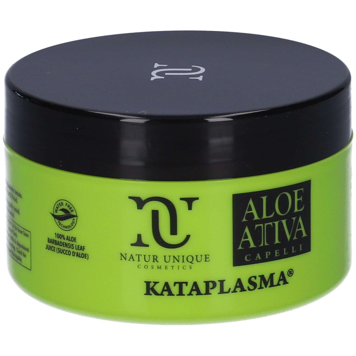 Grüner Tiegel mit schwarzem Deckel. Aufschrift: Natur Unique Cosmetics, Aloe Attiva Capelli, Kataplasma. Wasserzeichen.