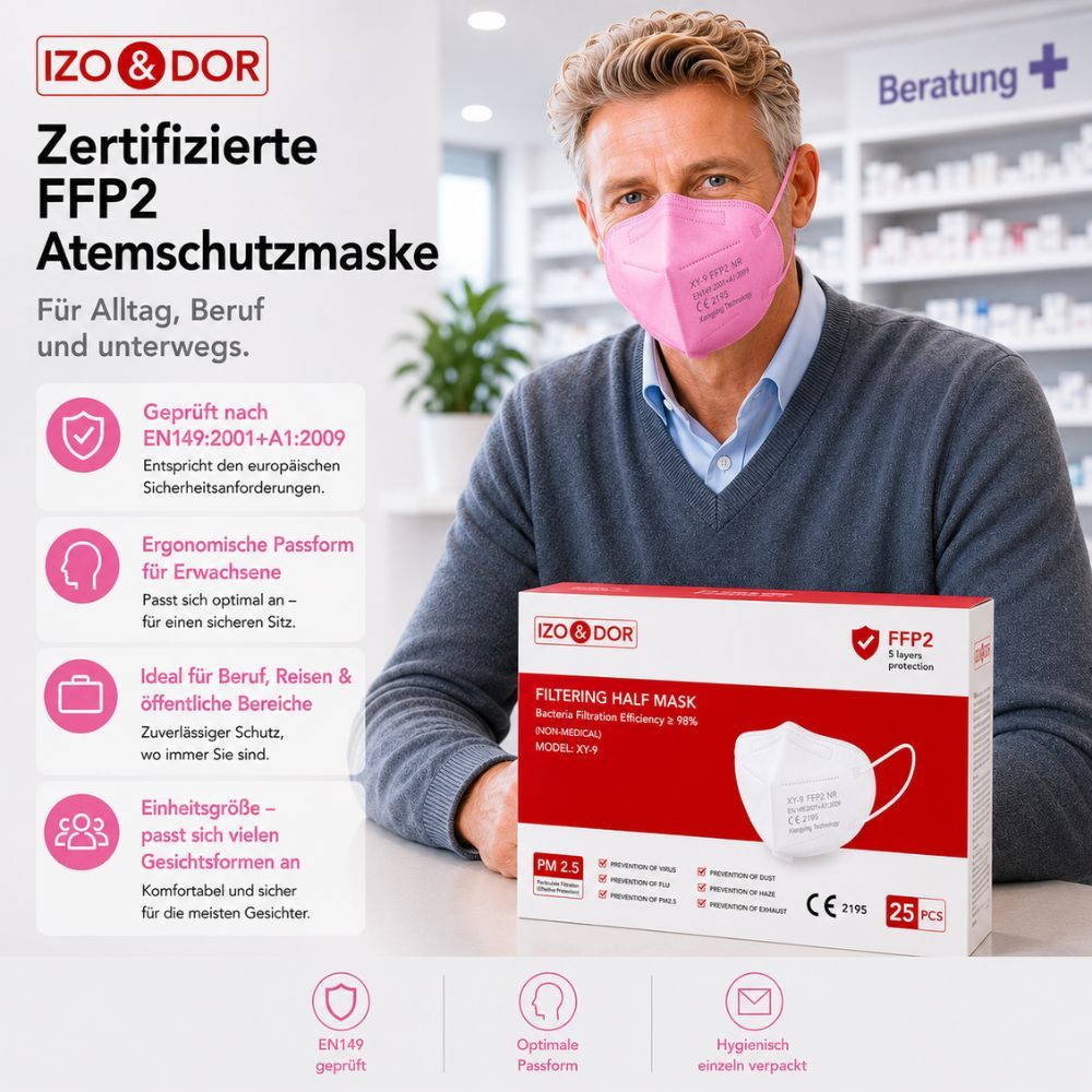 IZO & DOR FFP2 Atemschutzmaske, zertifiziert nach EN149+A1:2009. Verpackung zeigt weiße Maske.