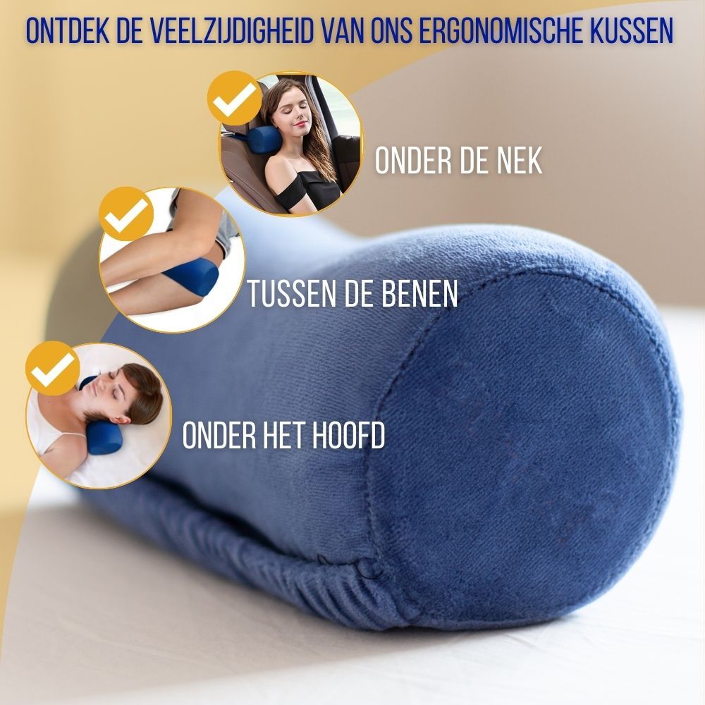 Blauw ergonomisch kussen. Gebruik: nek, benen, hoofd. Illustraties.