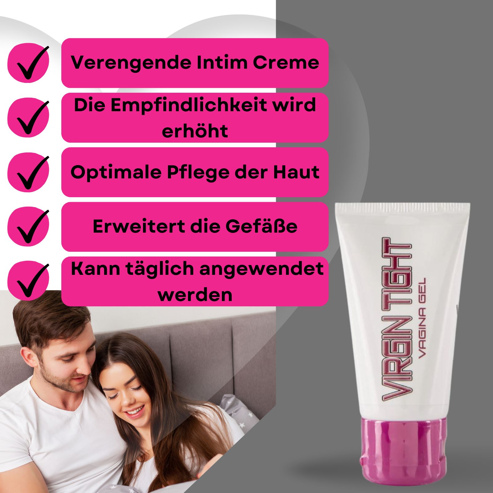 Tube VIRGIN TIGHT VAGINA GEL und Verpackung. Text: Verengende Intim Creme, erhöht die Empfindlichkeit.