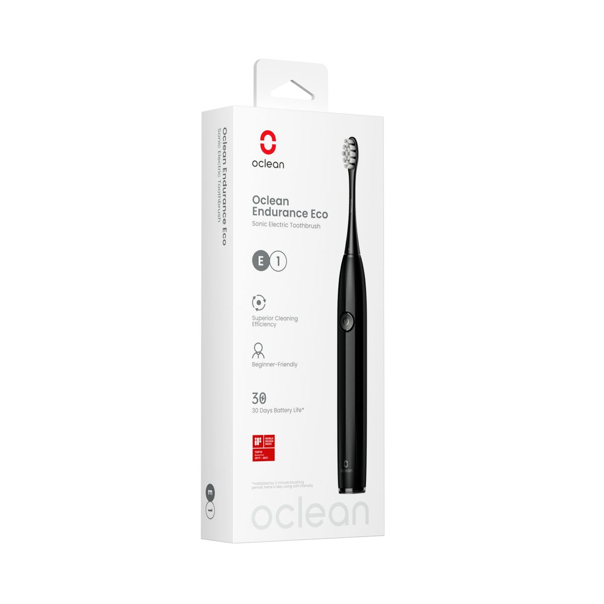 Verpackung mit schwarzer elektrischer Zahnbürste. Oclean Endurance Eco, 30 Tage Akku. Weißer Karton mit Produktabbildung.