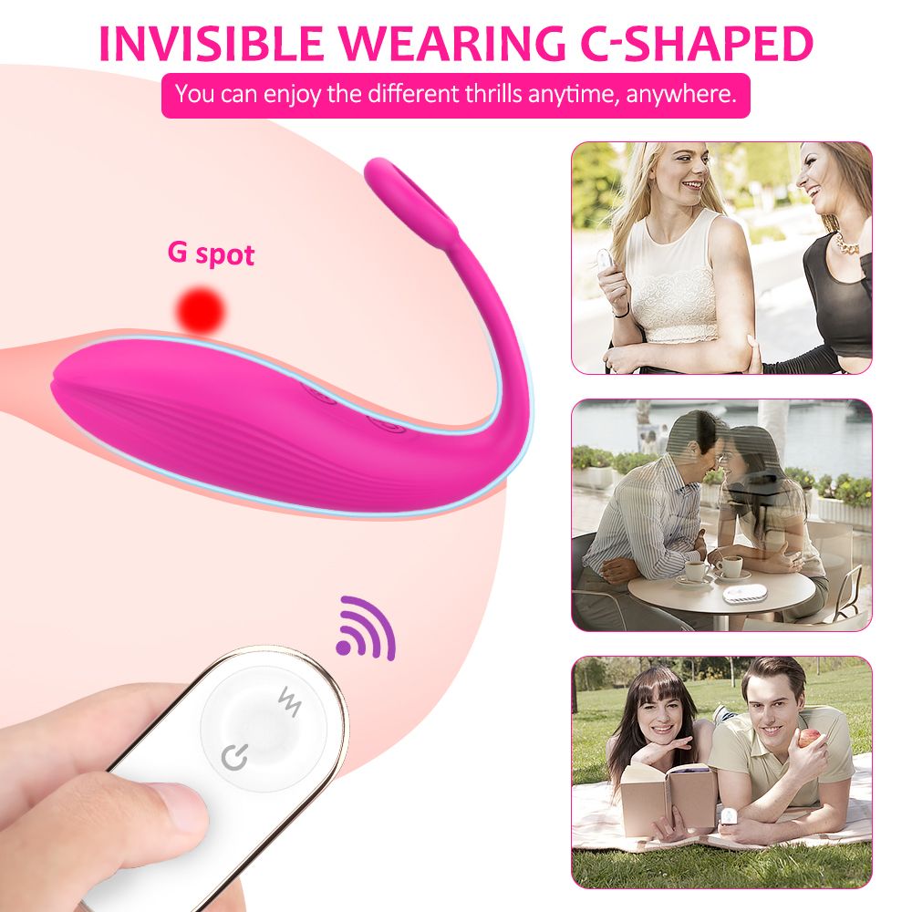 Rosa Vibrator, C-förmig. Fernbedienung. Szenen mit Paaren und Einzelpersonen.