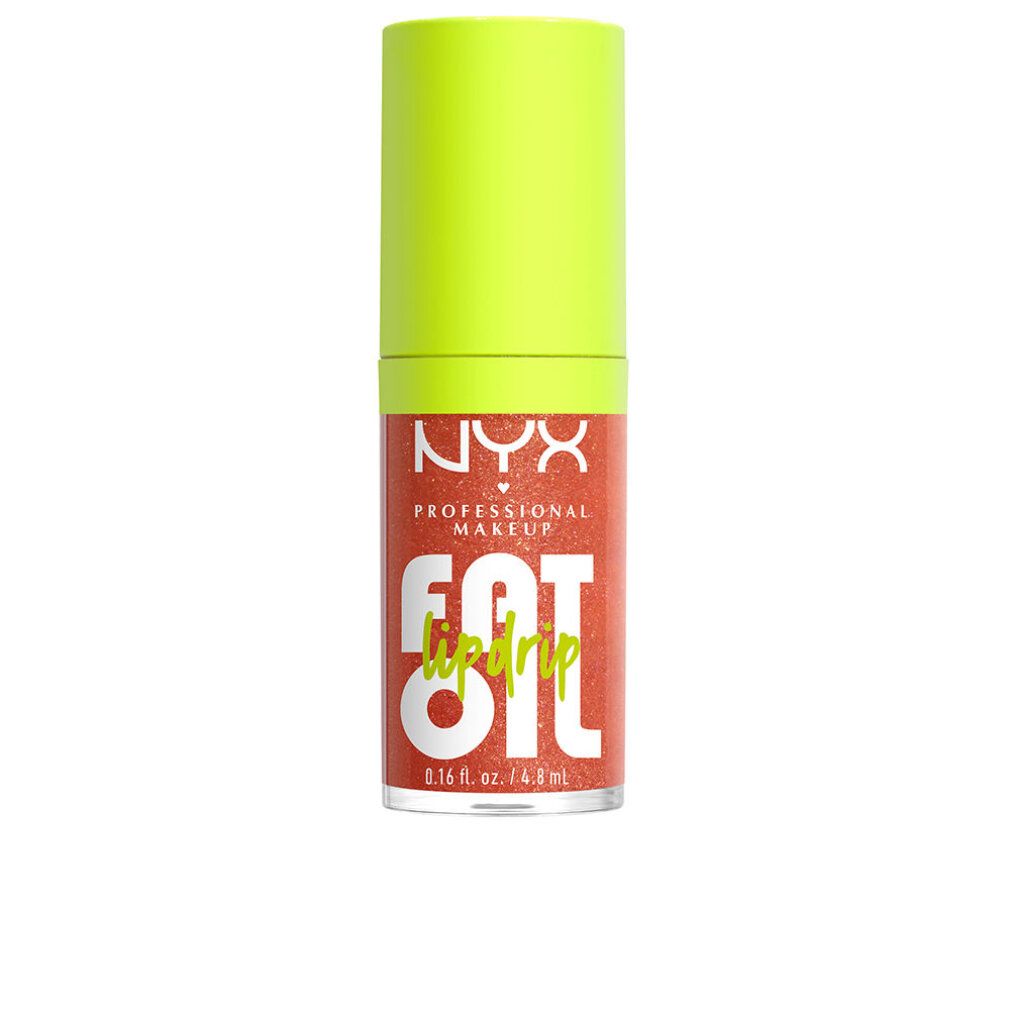 NYX Fat Oil Lip Drip in glitzerndem Rot. Klare Flasche mit neongrüner Kappe.