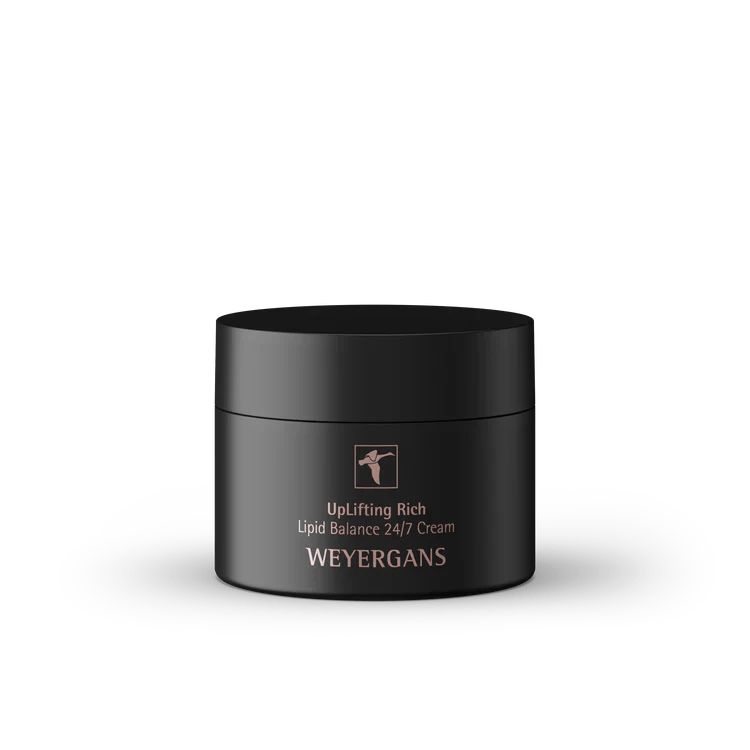 Schwarzer Tiegel mit Deckel. Aufschrift: UpLifting Rich Lipid Balance 24/7 Cream. Marke: WEYERGANS. Logo mit Vogel.