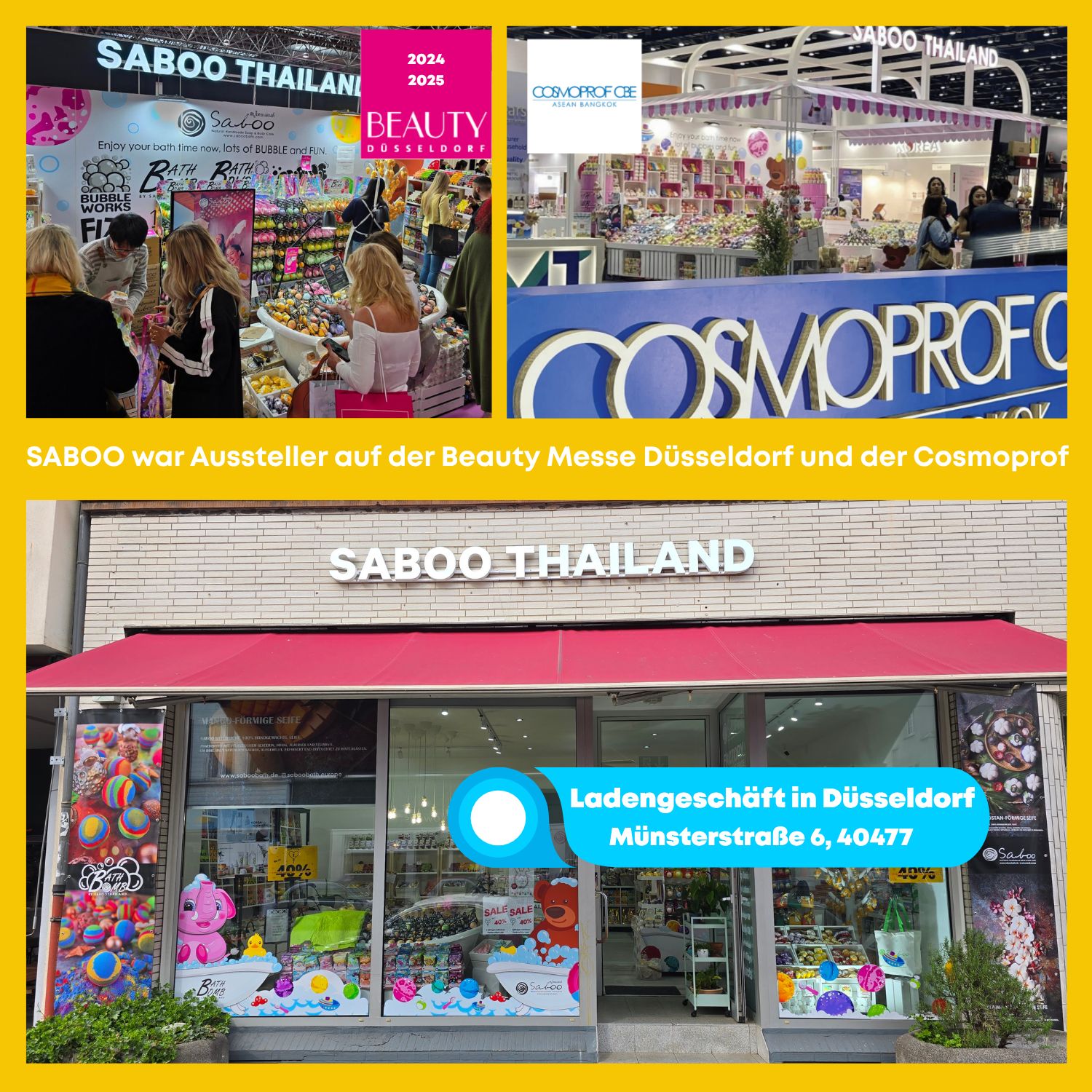 Fotos von SABOO auf Messen. Logo, Laden in Düsseldorf. Text: SABOO Thailand.