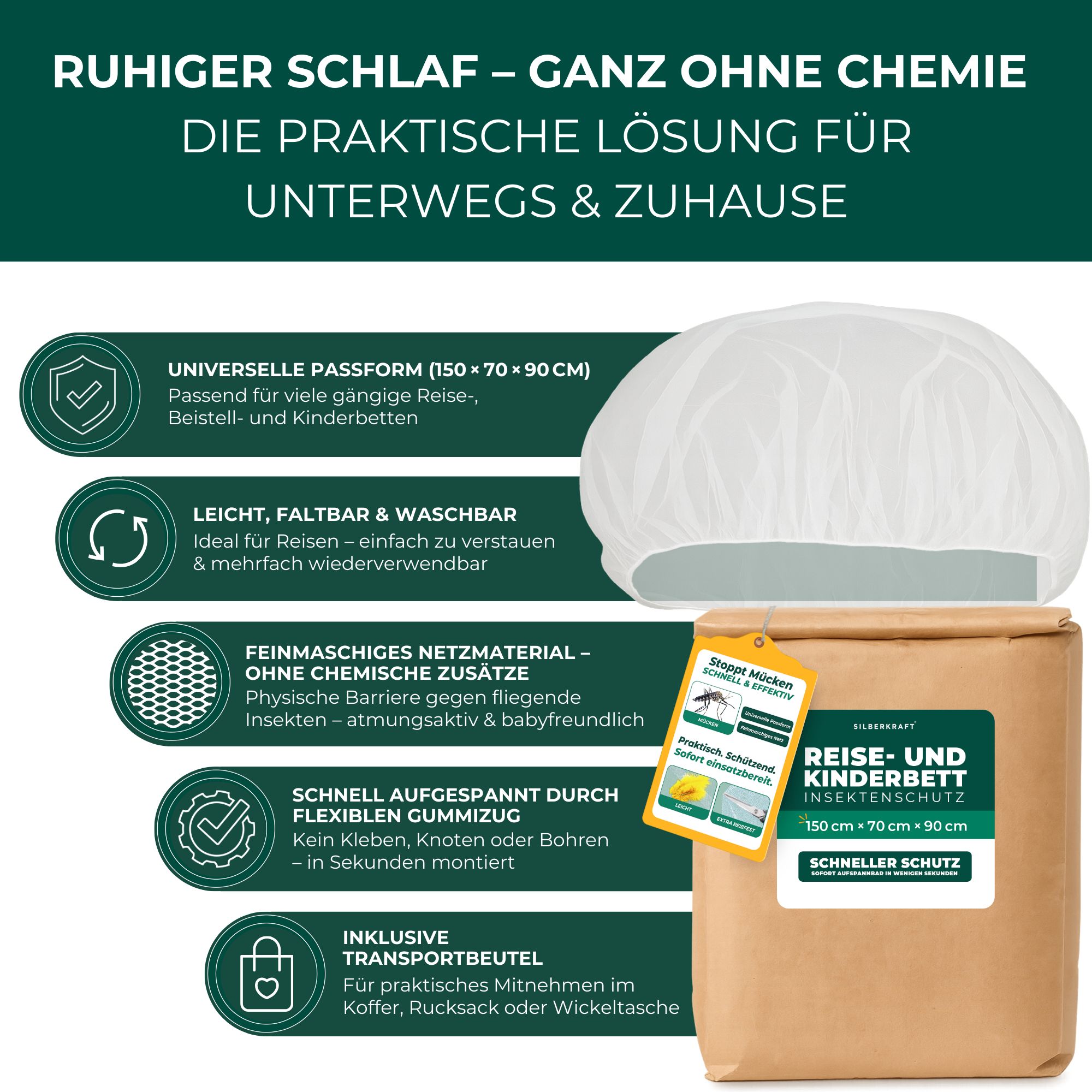 Produktmerkmale: Universelle Passform, leicht, faltbar, waschbar, feinmaschiges Netzmaterial, schnell aufgespannt, inklusive Transportbeutel.