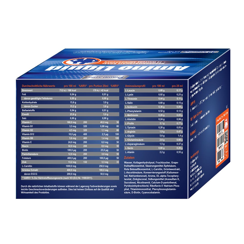 Rückseite der SanaExpert Amino Liquid Verpackung. Enthält Nährwertangaben und Aminosäuren-Zusammensetzung. Text in deutscher Sprache.
