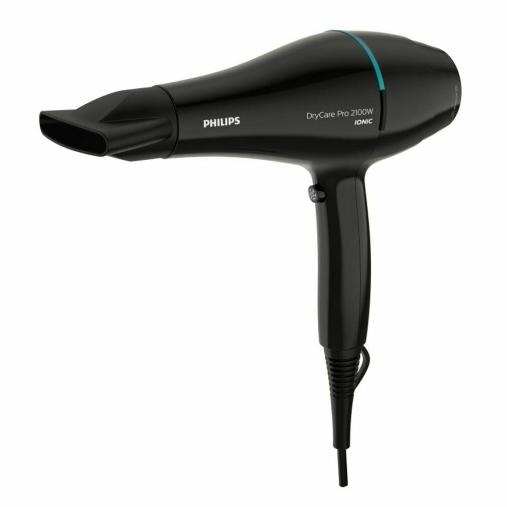 Schwarzer Haartrockner mit blauem Akzent. Marke Philips, Modell DryCare Pro 2100W. Mit Ionen-Technologie.