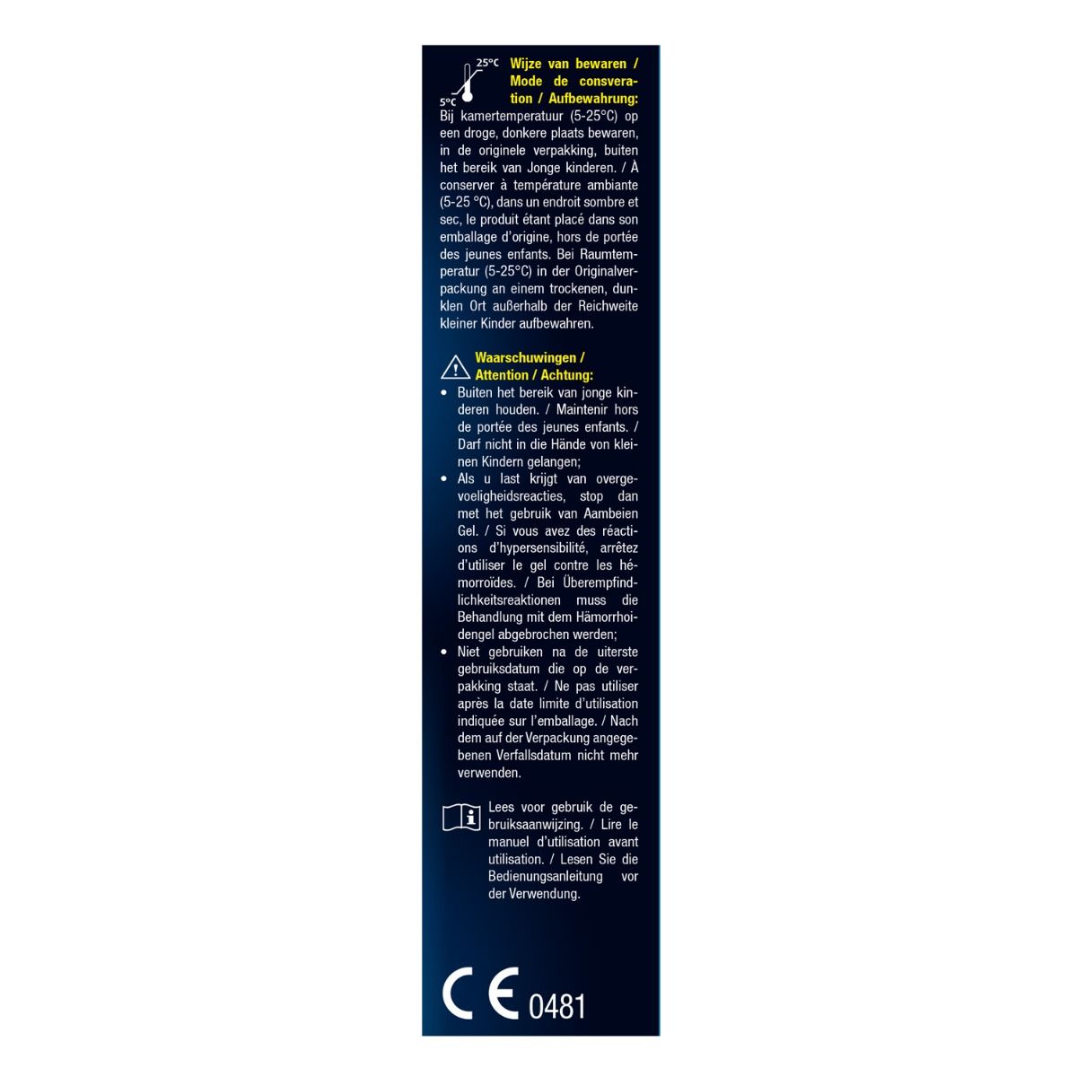 Texte sur fond bleu. Contient des informations de stockage et des avertissements. Marquage CE.