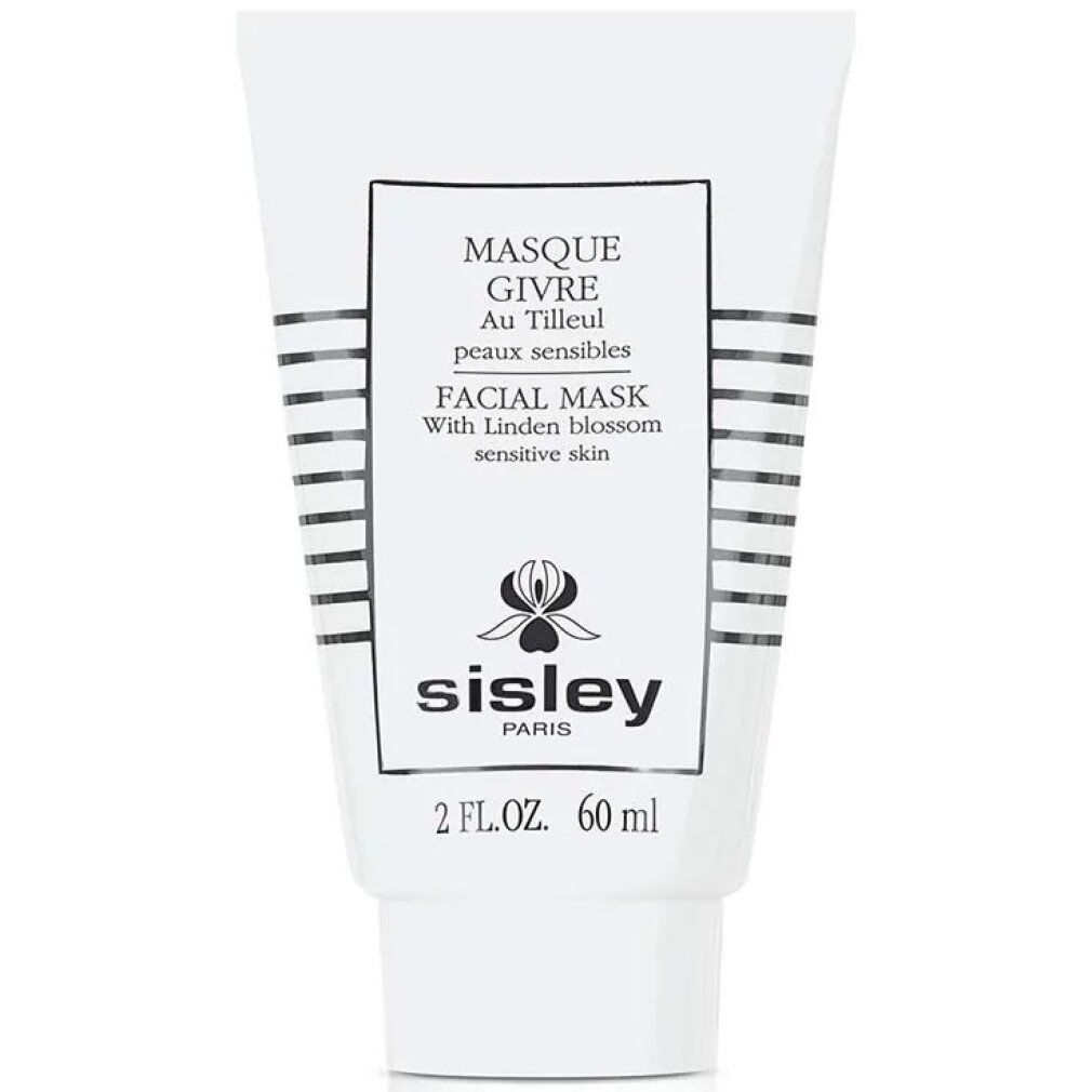 Weiße Tube mit schwarzer Schrift. Enthält Sisley Masque Givre au Tilleul. Text: Facial Mask with Linden blossom sensitive skin. 2 FL.OZ. 60 ml.
