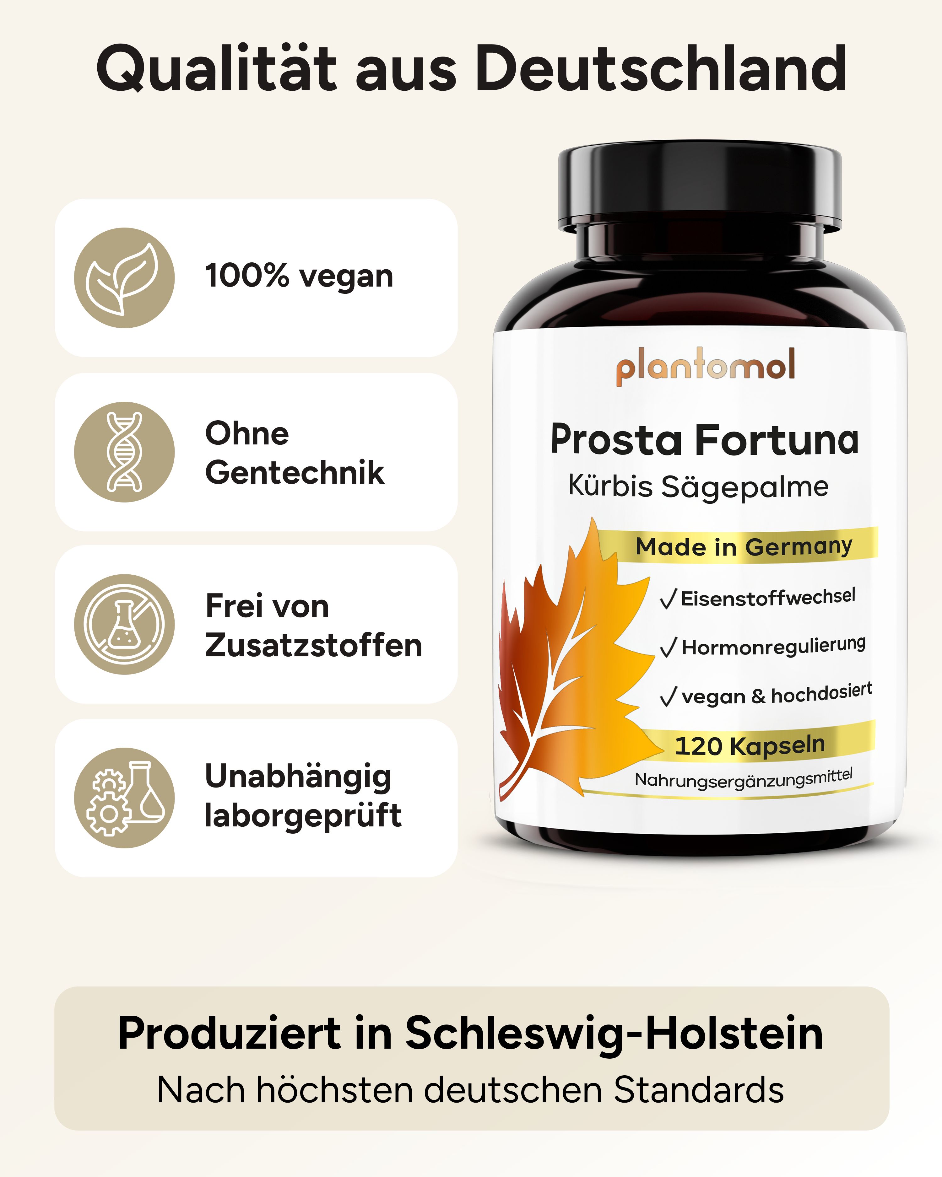 Schwarze Flasche mit Kapseln. Aufschrift: plantomol Prosta Fortuna Kürbis Sägepalme. Made in Germany. 120 Kapseln. Vegan.