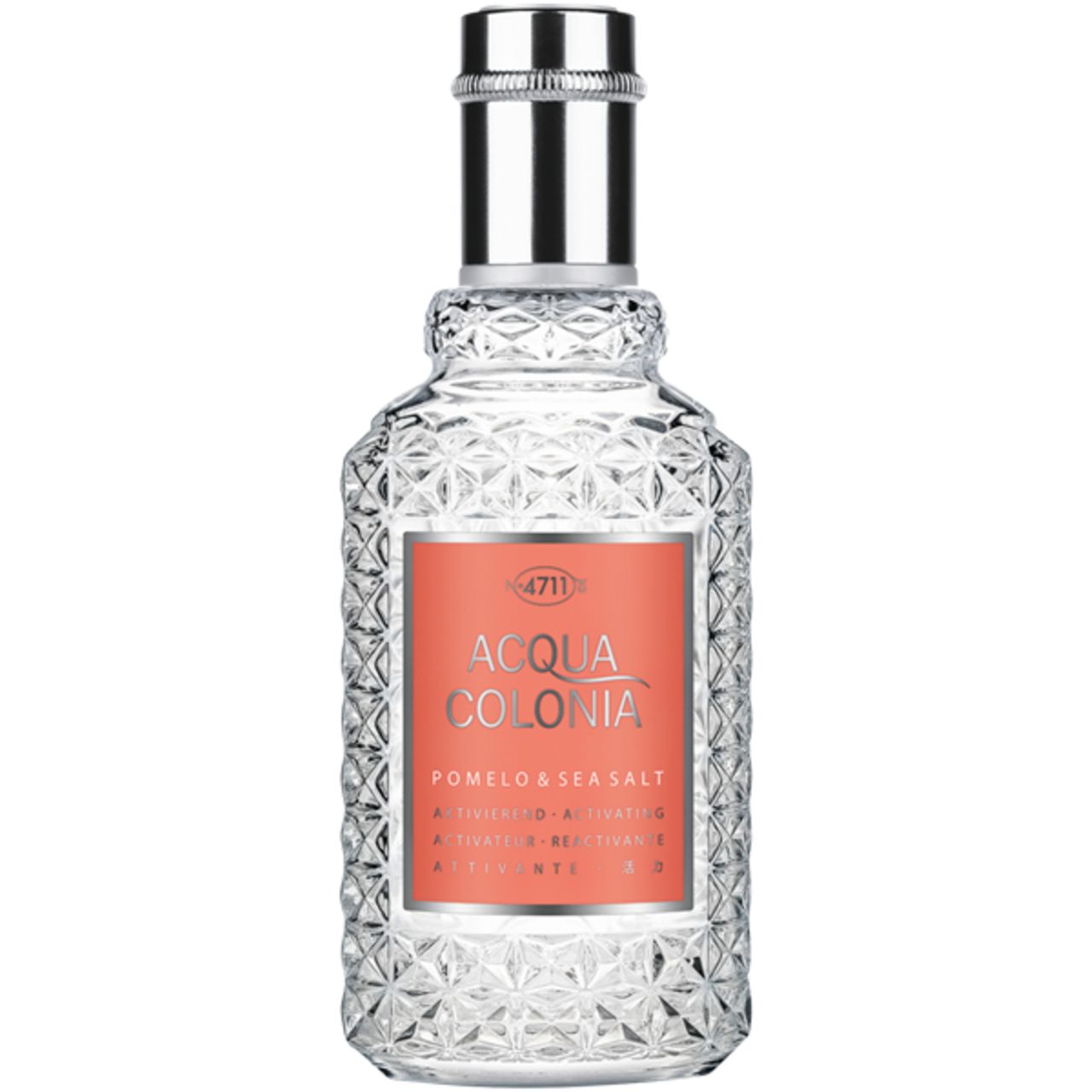 Klarer Flakon mit silbernem Verschluss. Aufkleber mit Text: Acqua Colonia, Pomelo & Sea Salt. Geätztes Glasdesign.