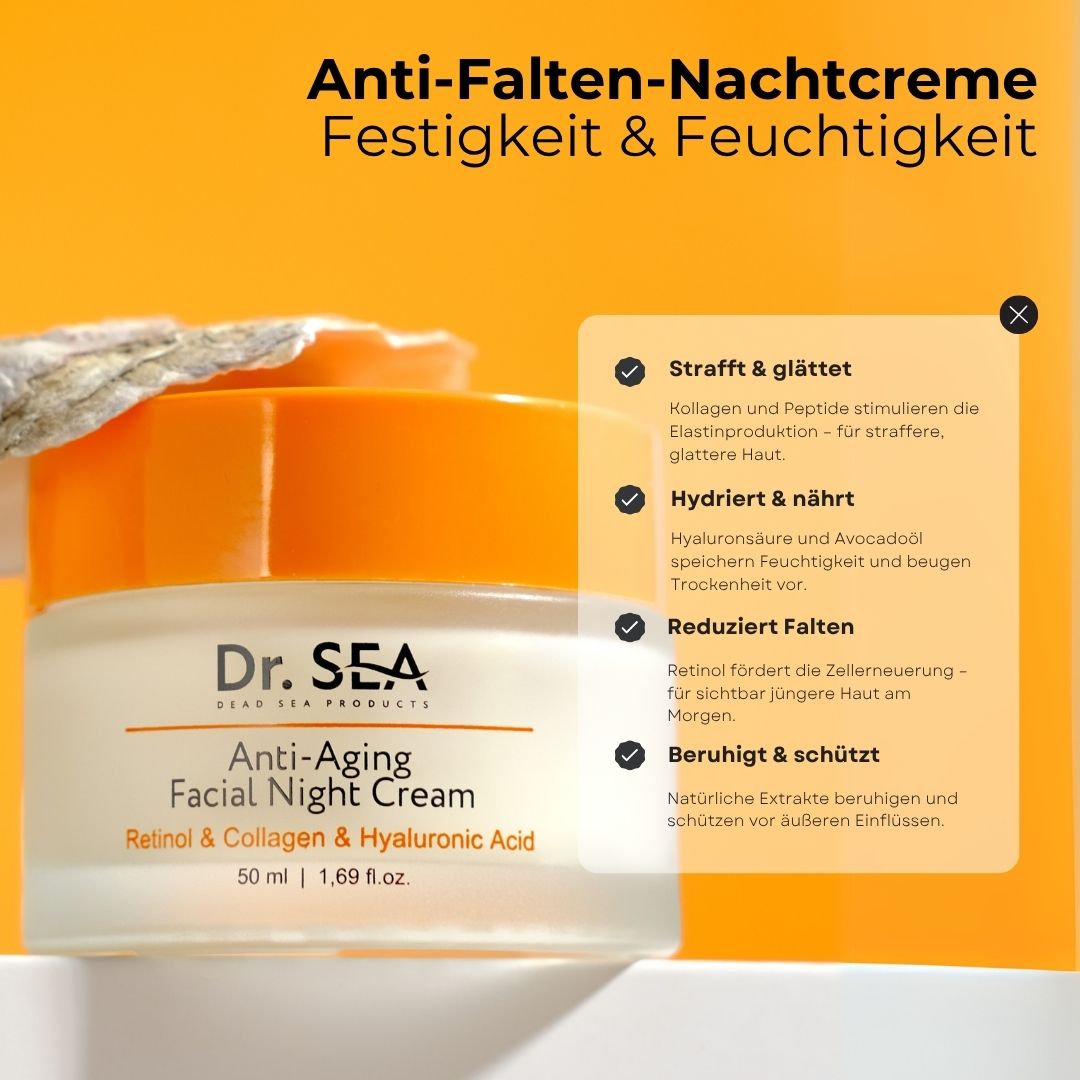 Creme-Glas mit Deckel. Text: Anti-Falten-Nachtcreme, Festigkeit & Feuchtigkeit. Vorteile: strafft, hydriert, reduziert Falten, beruhigt.