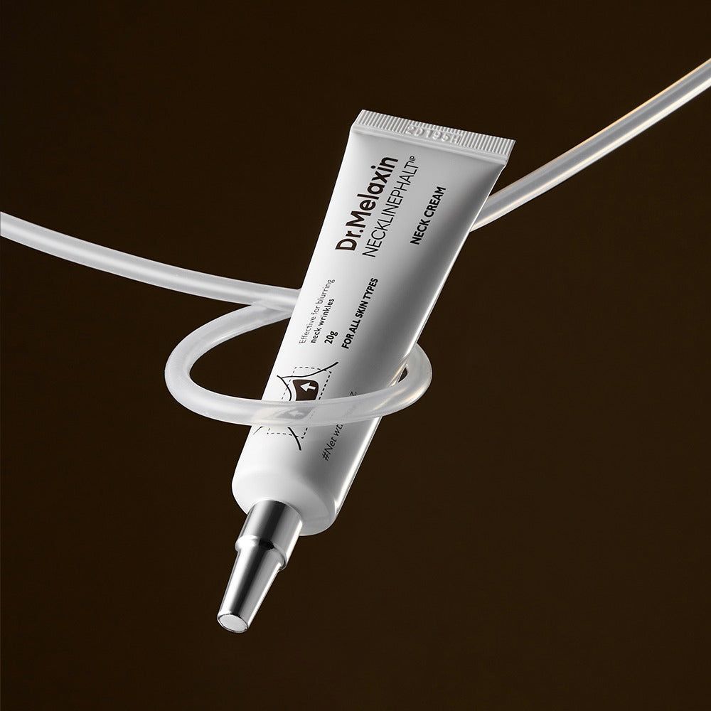 Dr. Melaxin Necklinephalt Halscreme Tube, umgeben von einem weißen Schlauch.