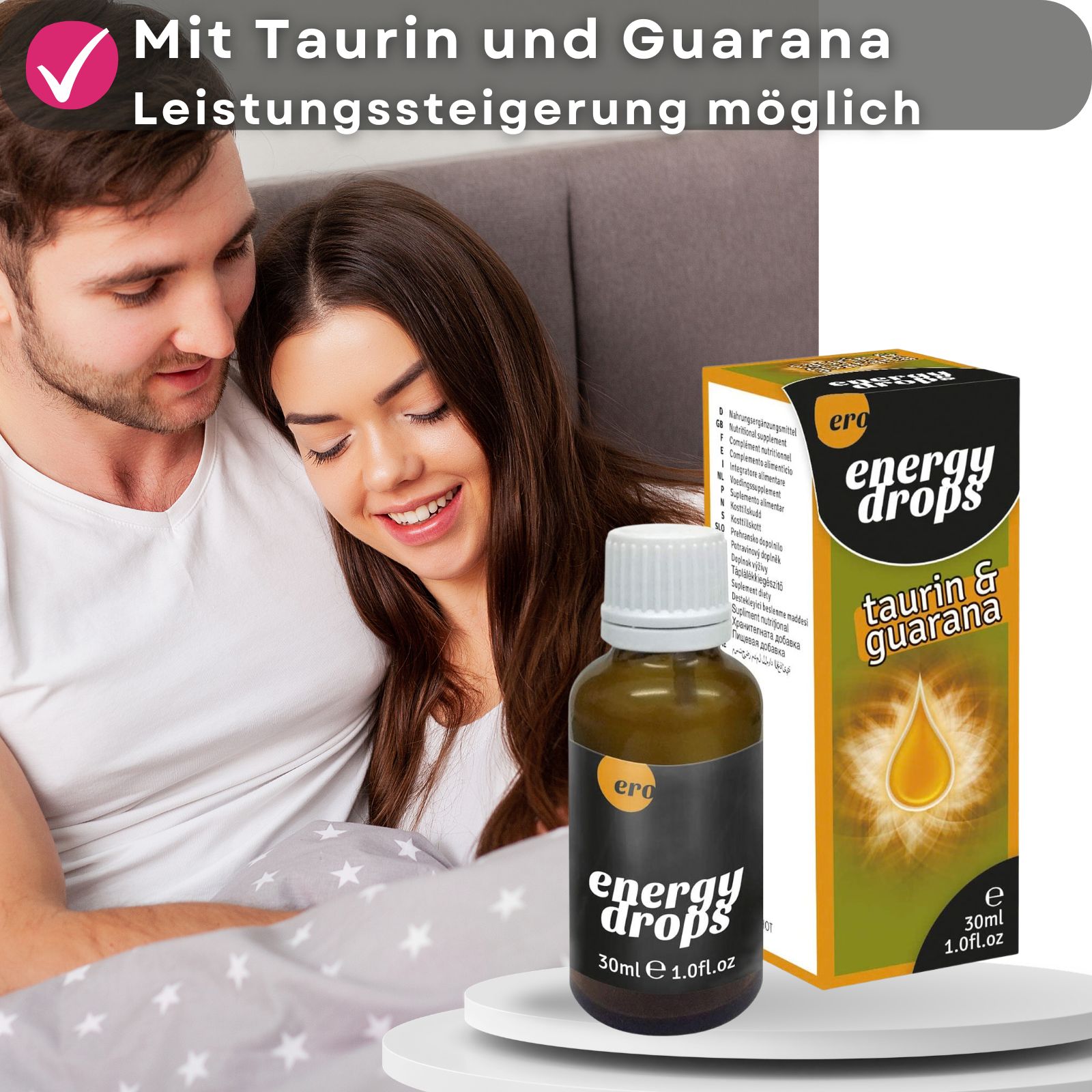 Paar im Bett, neben einer Flasche und Schachtel mit "energy drops". Auf einem Banner: "Mit Taurin und Guarana", "Leistungssteigerung möglich".