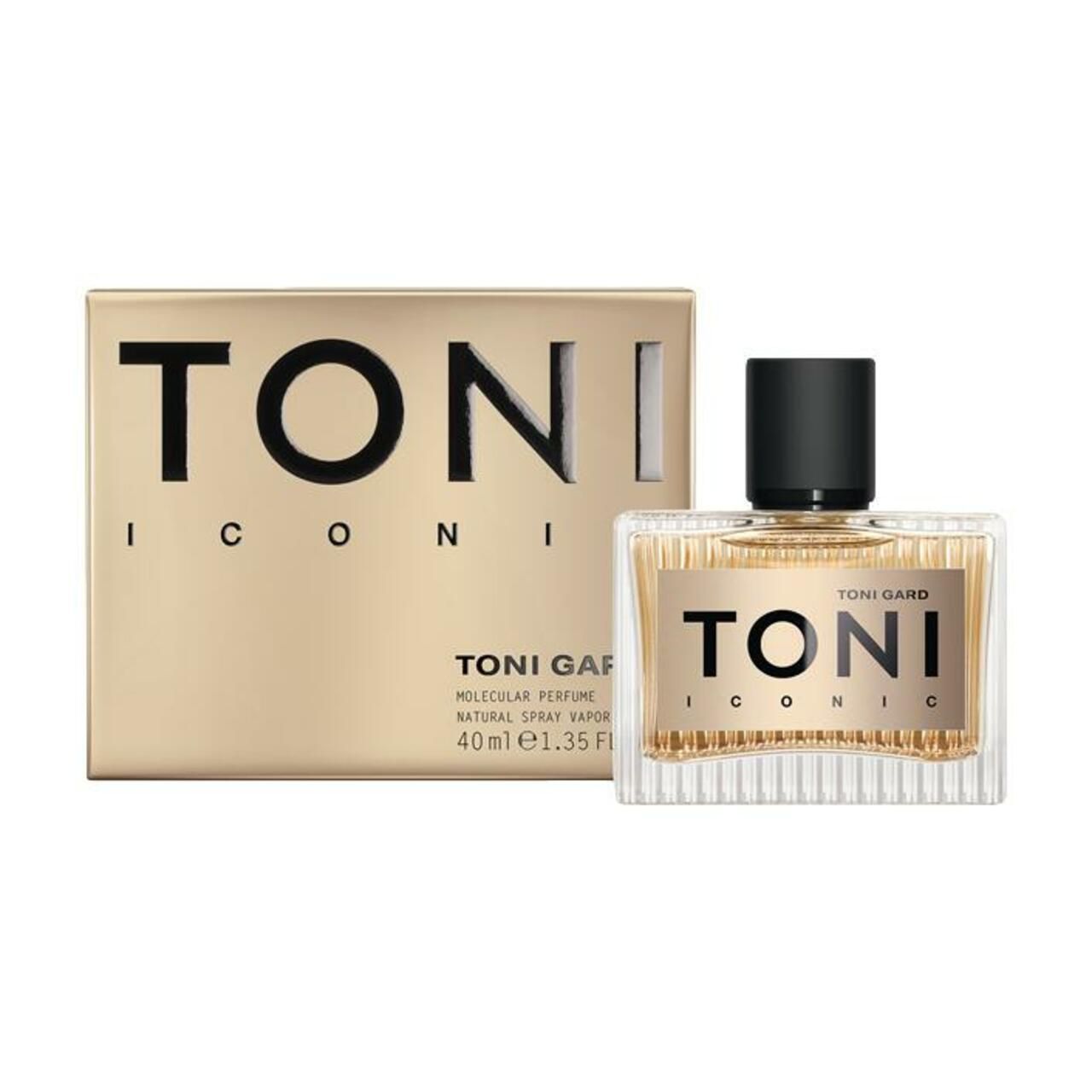 Parfümflakon und Verpackung. Flakon mit schwarzem Deckel, goldfarbenem Etikett. Verpackung goldfarben mit Schriftzug.