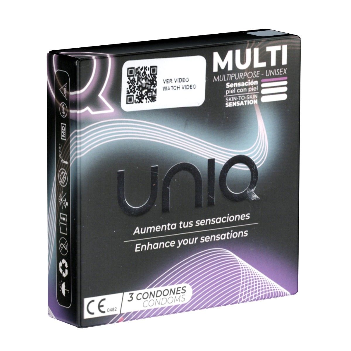 Schwarze Verpackung mit "UNIQ"-Logo und "MULTI"-Schriftzug. Enthält 3 Kondome. Mit CE-Kennzeichnung.