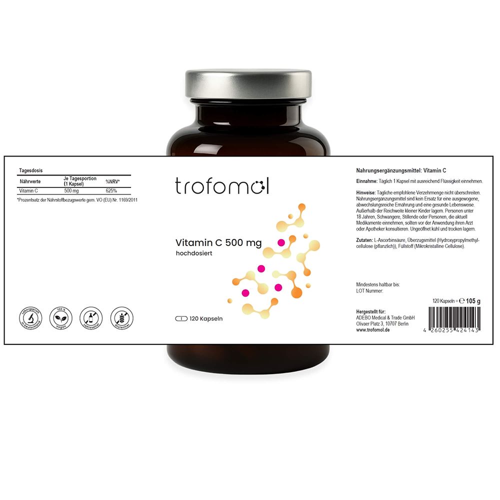 Braune Flasche mit silbernem Deckel und Etikett. Etikett mit "trofomol", "Vitamin C 500 mg", "120 Kapseln" und Nährwertangaben.