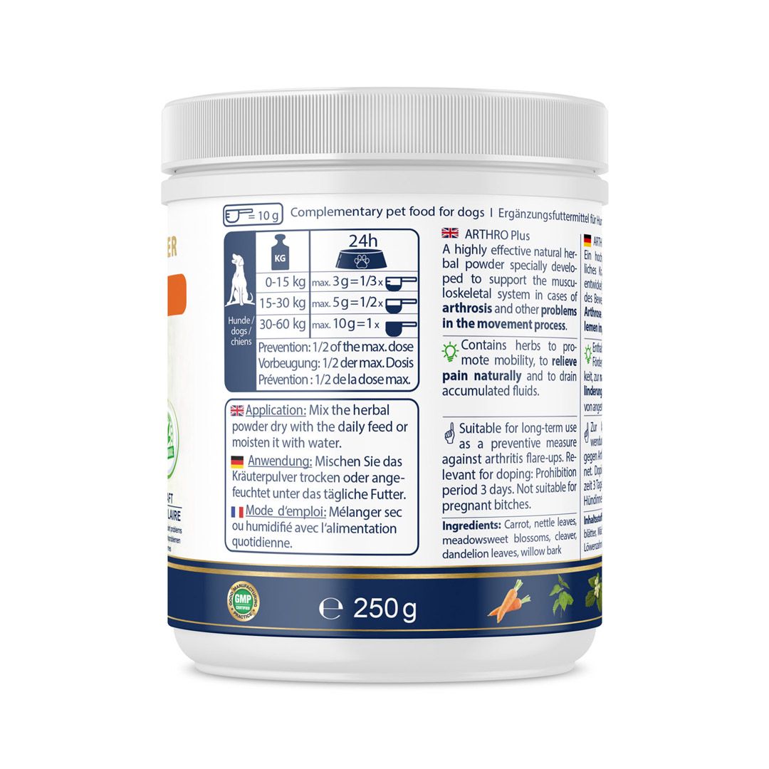 Weißes Behältnis mit Produktinformationen. Text: ARTHRO Plus, 250g, Inhaltsstoffe. Geeignet für Hunde. Mit Dosierungsangaben.