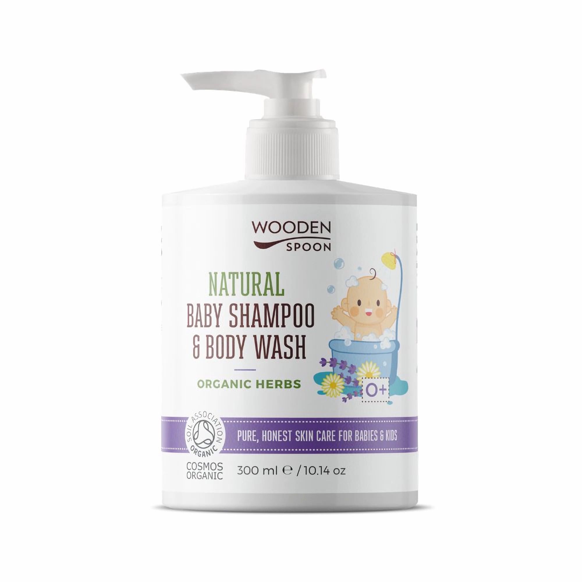 Flasche mit Baby-Shampoo und Body Wash. Weißer Spender, Etikett mit Text und Illustrationen. Cosmos Organic-Zertifizierung.