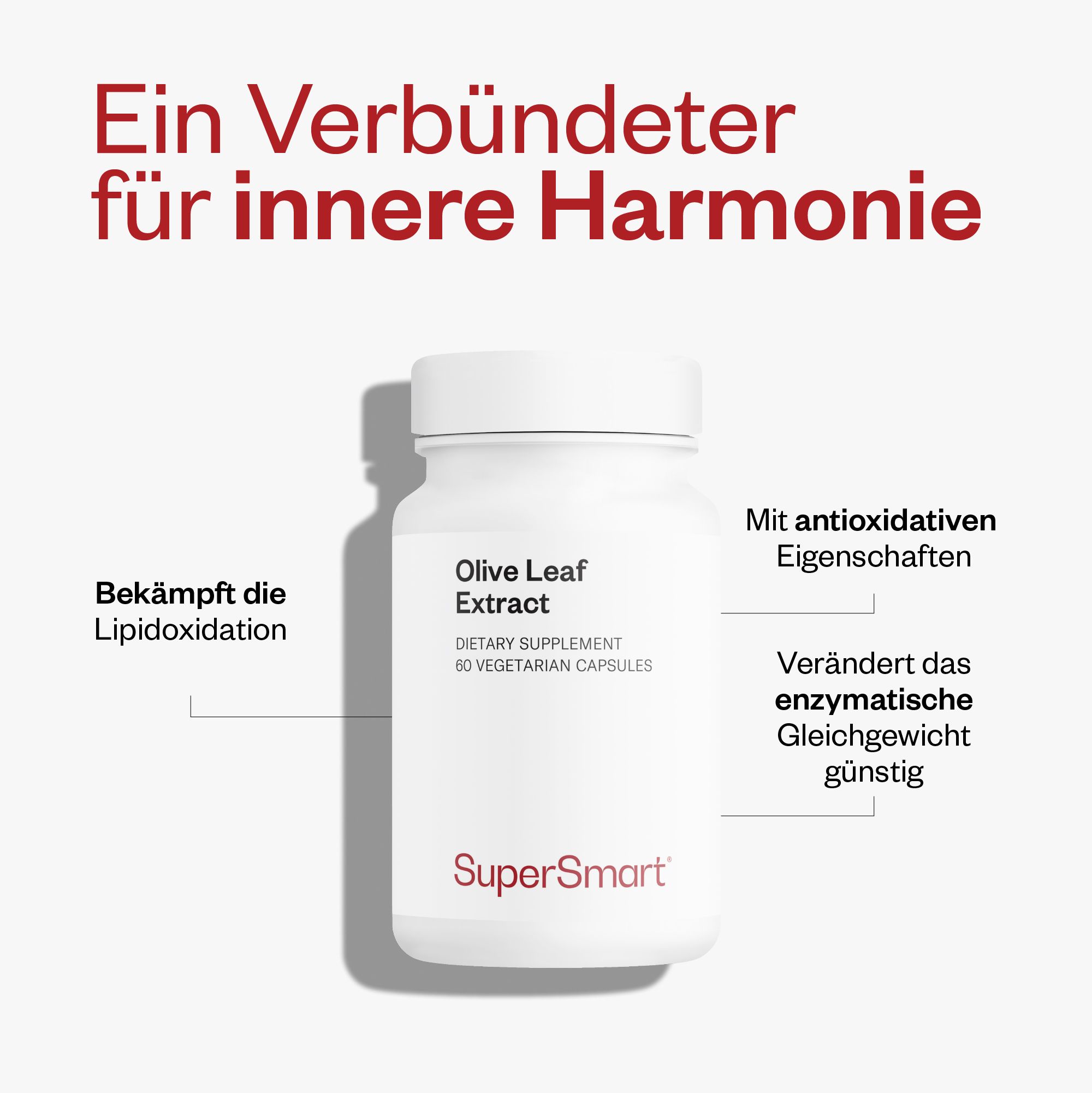 Weiße Flasche mit Olivenblattextrakt-Kapseln. Text: Olive Leaf Extract, 60 vegetarische Kapseln. Marke: SuperSmart. Zusätzliche Informationen.