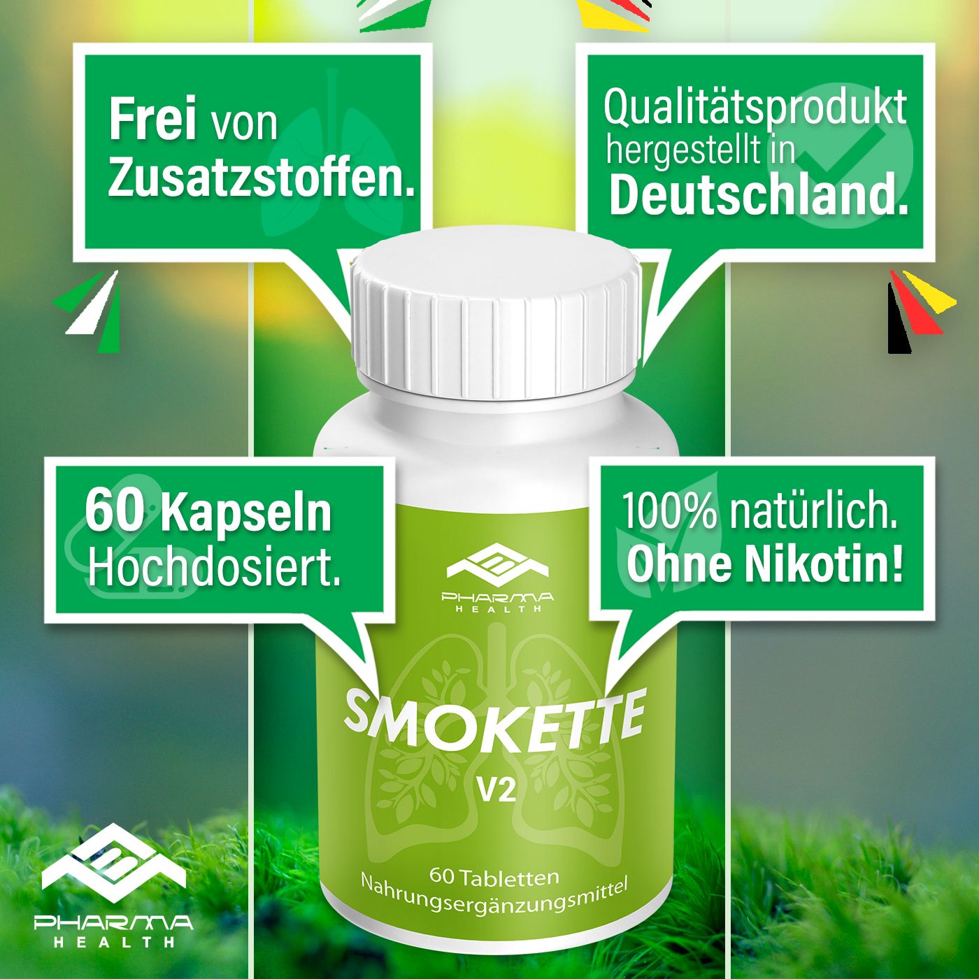 Flasche mit grünem Etikett. Aufschrift: SMOKETTE V2, 60 Kapseln, hochdosiert, Nahrungsergänzungsmittel. Text: Frei von Zusatzstoffen, 100% natürlich. Ohne Nikotin!
